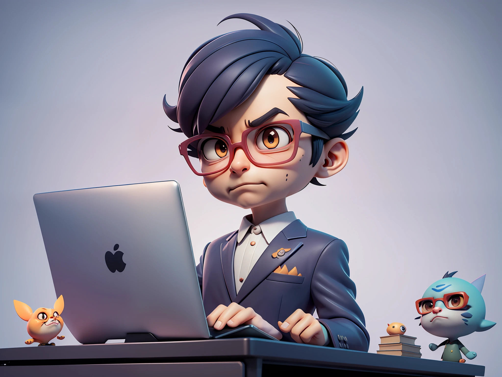 A young man in a suit, Short hair and glasses sat at his desk,holding laptop,digitial painting,tigre,3D character design by Mark Clairen and Pixar and Hayao Miyazaki and Akira Toriyama,4K HD illustration,Very detailed facial features and cartoon-style visuals。