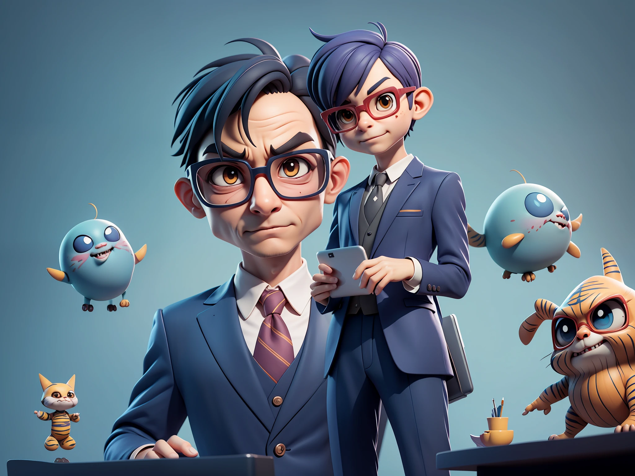 A young man in a suit, Short hair and glasses sat at his desk,holding laptop,digitial painting,tigre,3D character design by Mark Clairen and Pixar and Hayao Miyazaki and Akira Toriyama,4K HD illustration,Very detailed facial features and cartoon-style visuals。