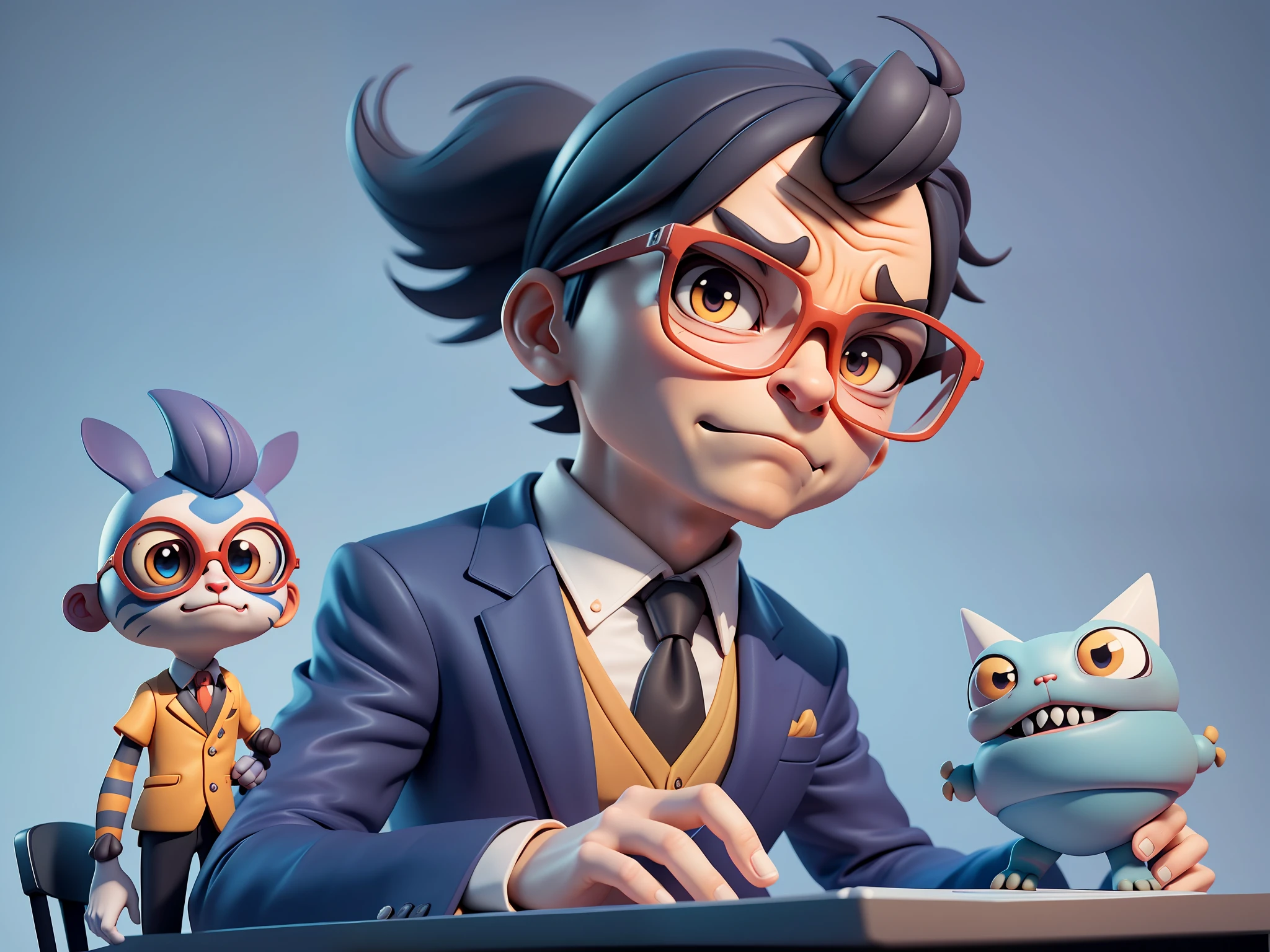 A young man in a suit, Short hair and glasses sat at his desk，holding laptop，digitial painting，tigre，3D character design by Mark Clairen and Pixar and Hayao Miyazaki and Akira Toriyama，4K HD illustration，Very detailed facial features and cartoon-style visuals。