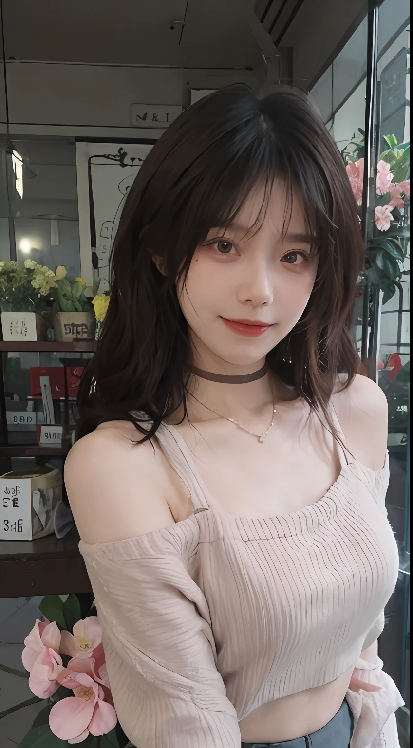 best qualtiy, 超高分辨率, (realisticlying:1.4),cute hairpin,Baoyu Girl,1girll, Beautiful woman with a slim figure:1.4, Abs:1.1, (A brown-haired, mideum breasts:1.3), Pink cropped sweater:1.1, Flower shop,Ultra-fine face,Elaborate Eyes,二重まぶた,ssmile,choker necklace