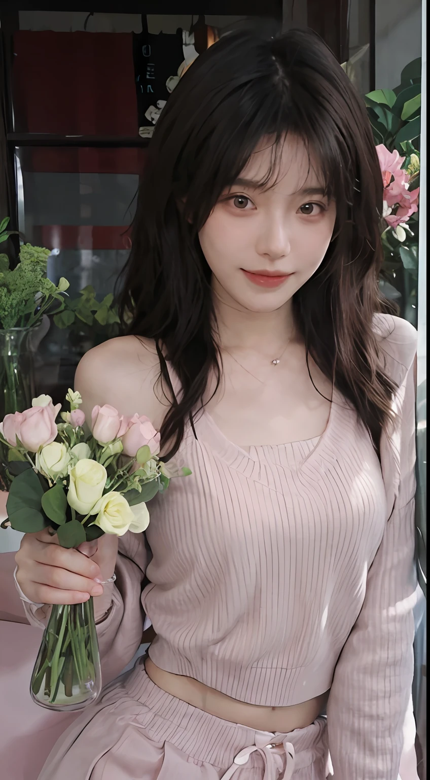 best qualtiy, 超高分辨率, (realisticlying:1.4),cute hairpin,Baoyu Girl,1girll, Beautiful woman with a slim figure:1.4, Abs:1.1, (A brown-haired, mideum :1.3), Pink cropped sweater:1.1, Flower shop,Ultra-fine face,Elaborate Eyes,二重まぶた,ssmile,choker necklace