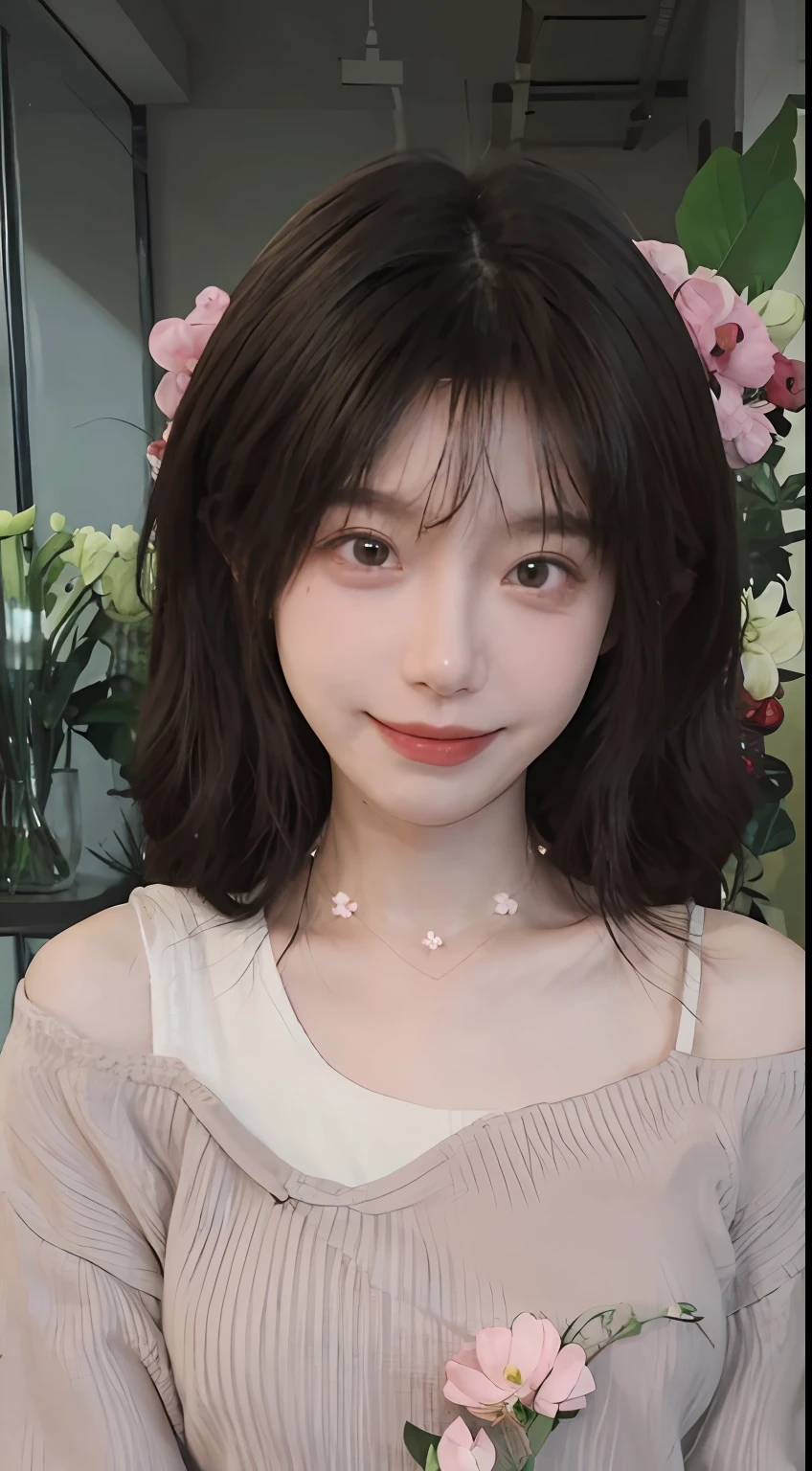 best qualtiy， 超高分辨率， （realisticlying：1.4），cute hairpin，Baoyu Girl，1girll, Beautiful woman with a slim figure:1.4, Abs:1.1, (A brown-haired, mideum breasts:1.3), Pink cropped sweater:1.1, Flower shop,Ultra-fine face，Elaborate Eyes，二重まぶた，ssmile，choker necklace
