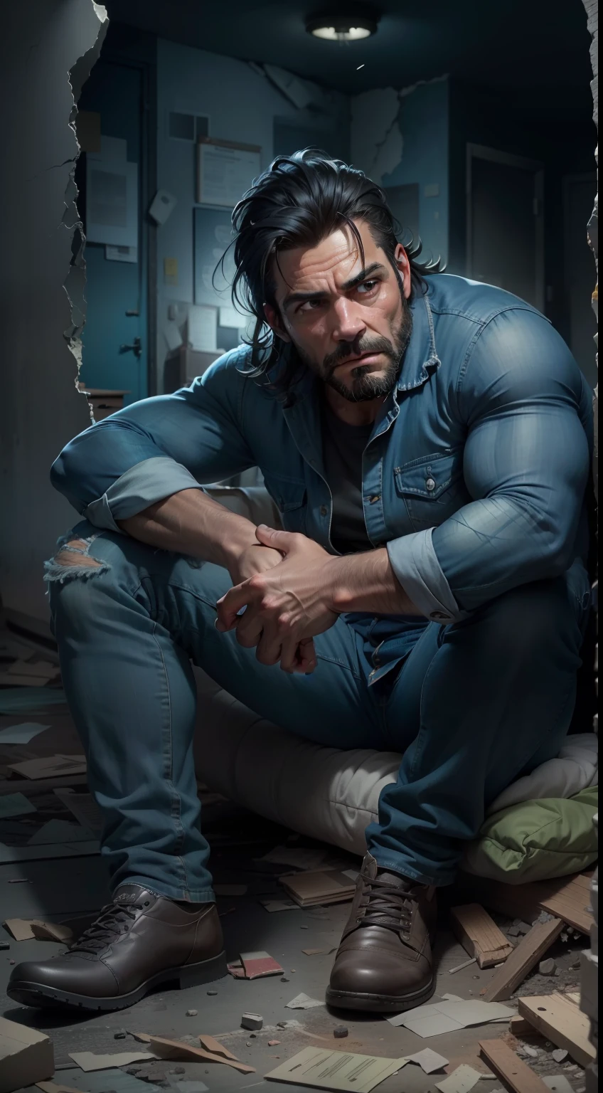 Ultra realistic image of 36 years old, 8k, strong and athletic man, black hair, dressed in denim shirt, sitting in abandoned room with cracked walls, wide eyes and scared expression, night
