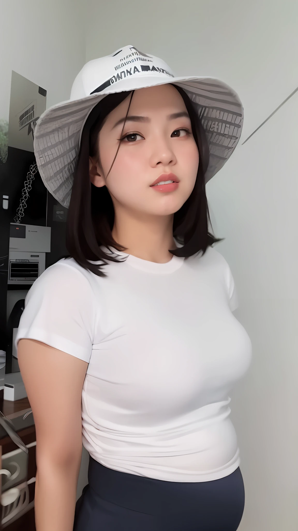 there is a pregnant woman wearing a hat and a white shirt, dang my linh, nivanh chanthara, in style of lam manh, nuttavut baiphowongse, south east asian with round face, young cute wan asian face, potrait, ruan cute vtuber, with lovely look, with short hair, with big boobs