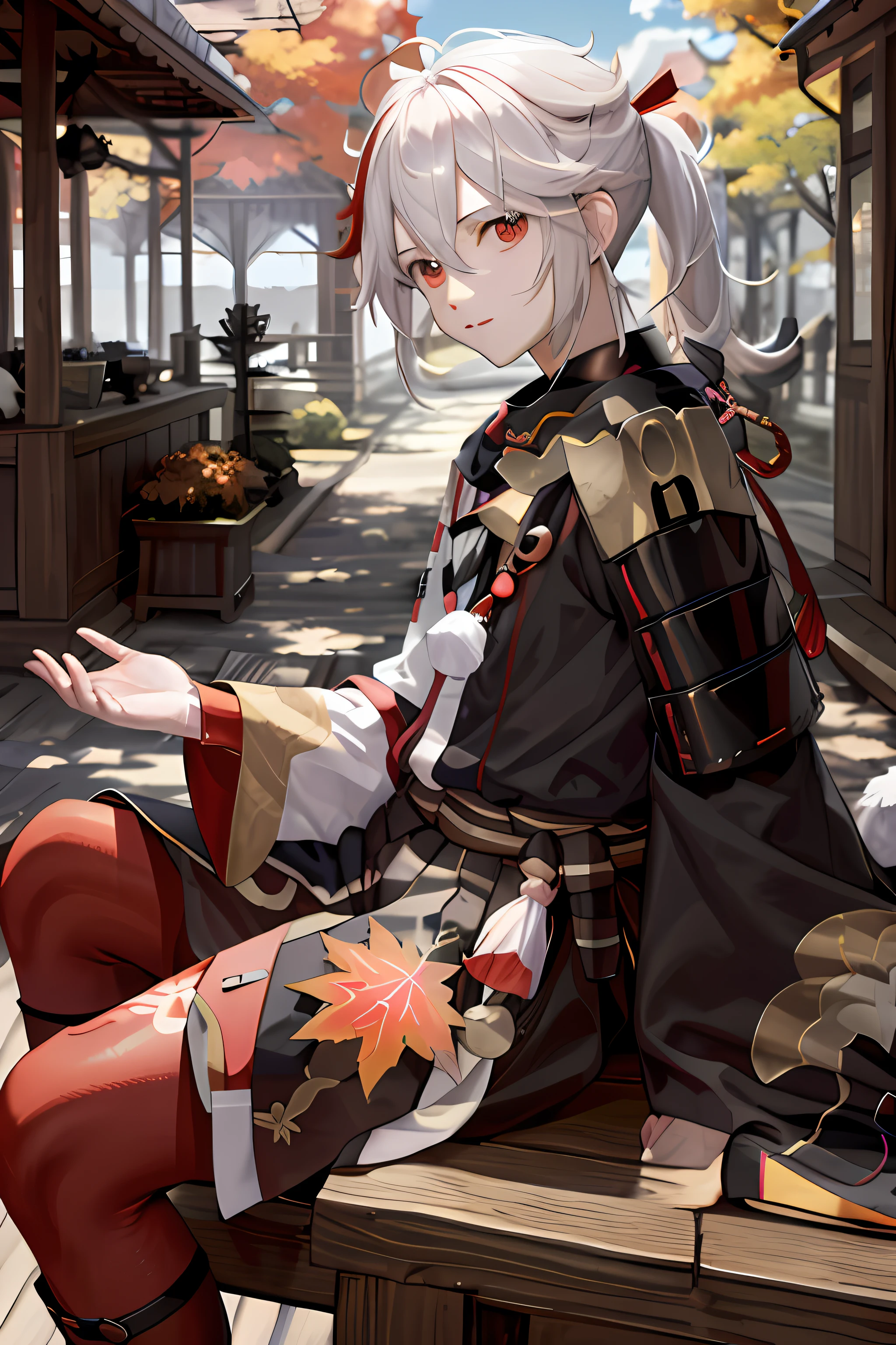 tmasterpiece, best qualityer, Maple plains and leaves, malefocus, 1boy, 独奏, red eyes, By bangs, O cabelo multicolorido, Japanese clothes, Striped hair, red hair, hair between eye, arma, The sword, Armour, Japanese armor, White hair, Keep one's mouth shut,high ponytails, exteriors, nipple tassels, looking at viewert,(Maple forest background in autumn)
