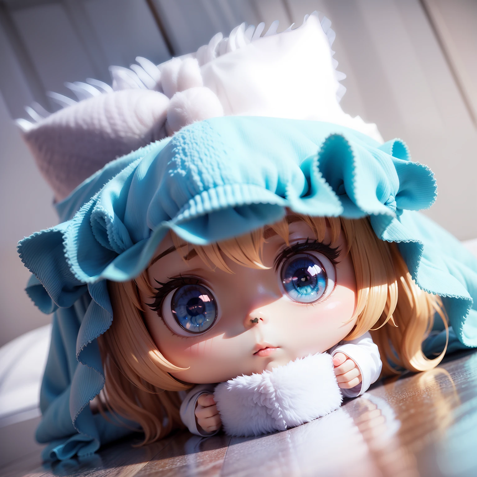 (((chibi 3d))),Very cute and beautiful chibi anime//（Insanely detailed light blue fluffy towel gown:1.4), バスルーム湯気が🧖‍♀️