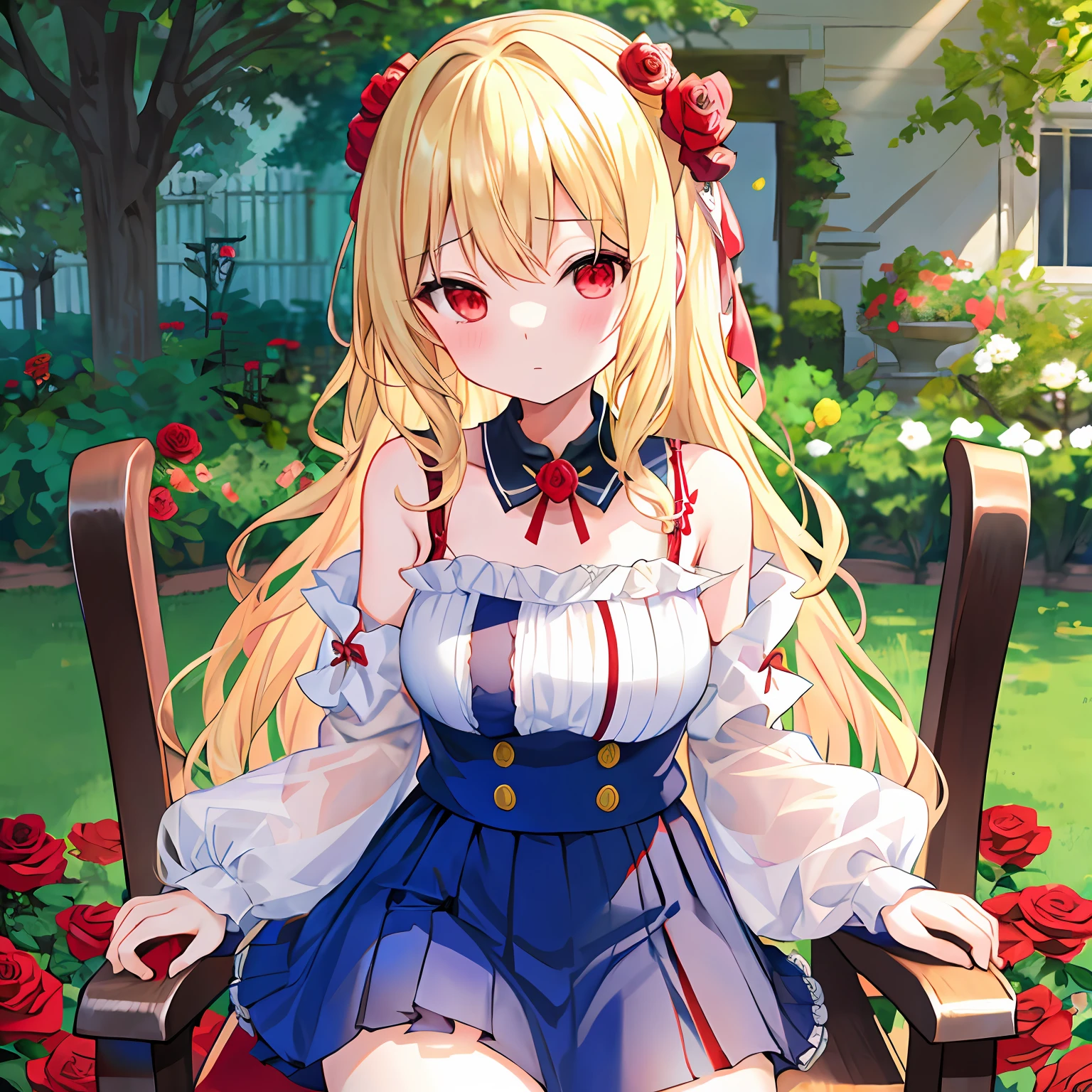 Wavy blonde、red eyes、One pretty girl、独奏、animesque、off shoulders、doress、A sexy、rose garden、Sitting on a chair
