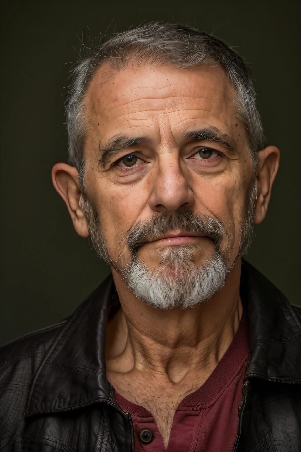 Man with beard and leather jacket looking at the camera, homem de cabelos grisalhos escuros, cinematic headshot portrait, foto de um homem branco de 50 anos, homem de meia-idade, Retrato tirado 8 K, retrato headshot, retrato editorial, foto de um homem, Homem na casa dos 40 anos, foto do retrato de um homem velho, retrato da fotografia