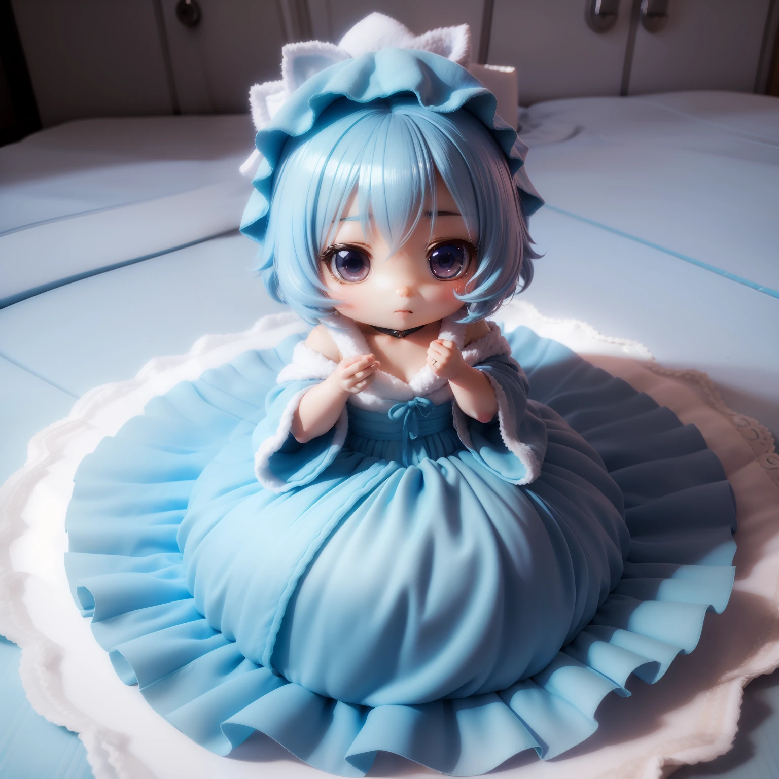 (((chibi 3d))),Very cute and beautiful chibi anime//(Insanely detailed light blue fluffy towel gown:1.4), バスルーム湯気が🧖♀️