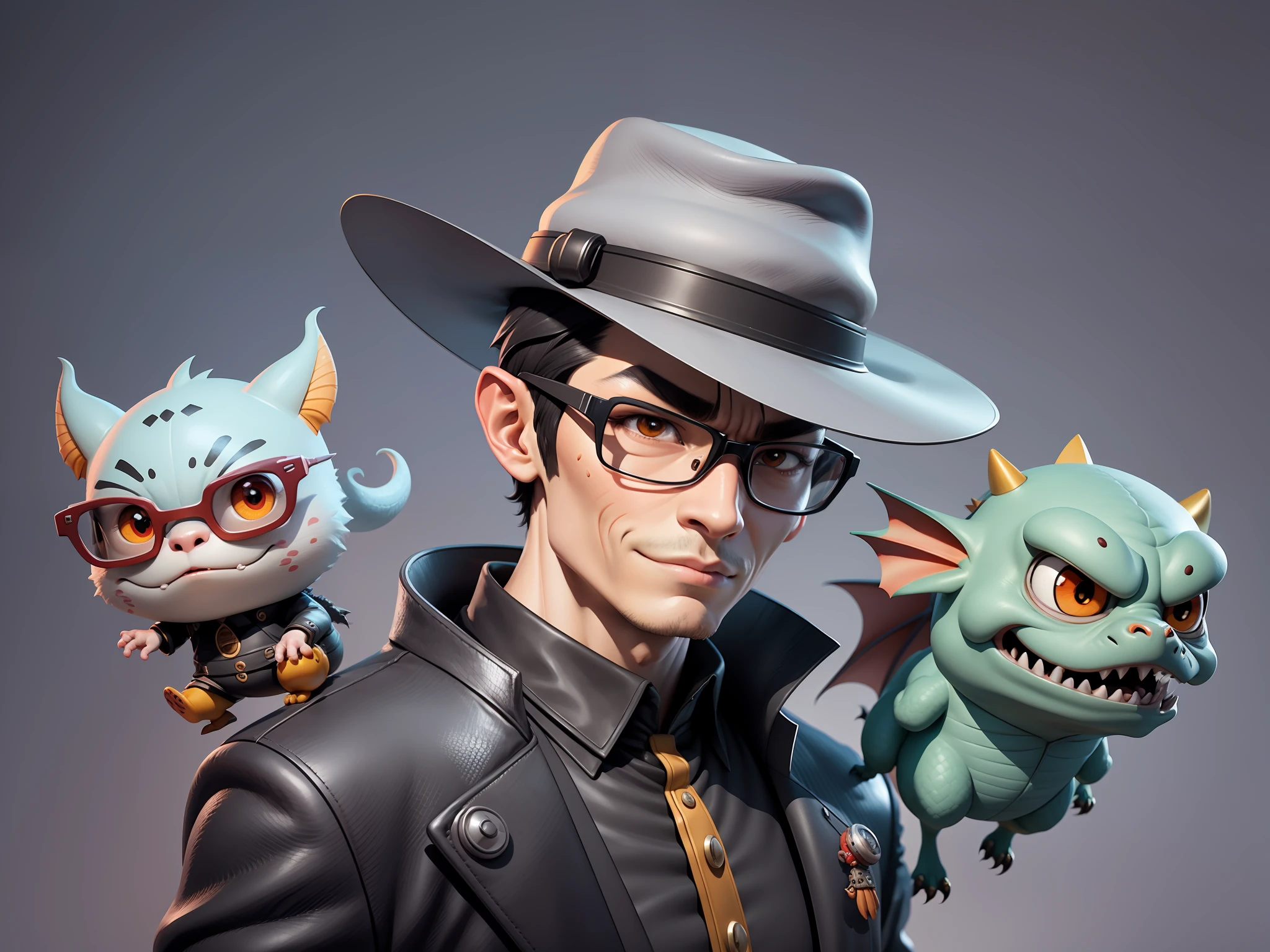 Young man with oriental face in leather hat, dragon, formal suit, short black hair, silver glasses, digital painting, 3D character design by Mark Clairedon and Pixar and Hayao Miyazaki and Akira Toriyama, the illustration is a high-definition illustration in 4K resolution with very detailed facial features and cartoon-style visuals.