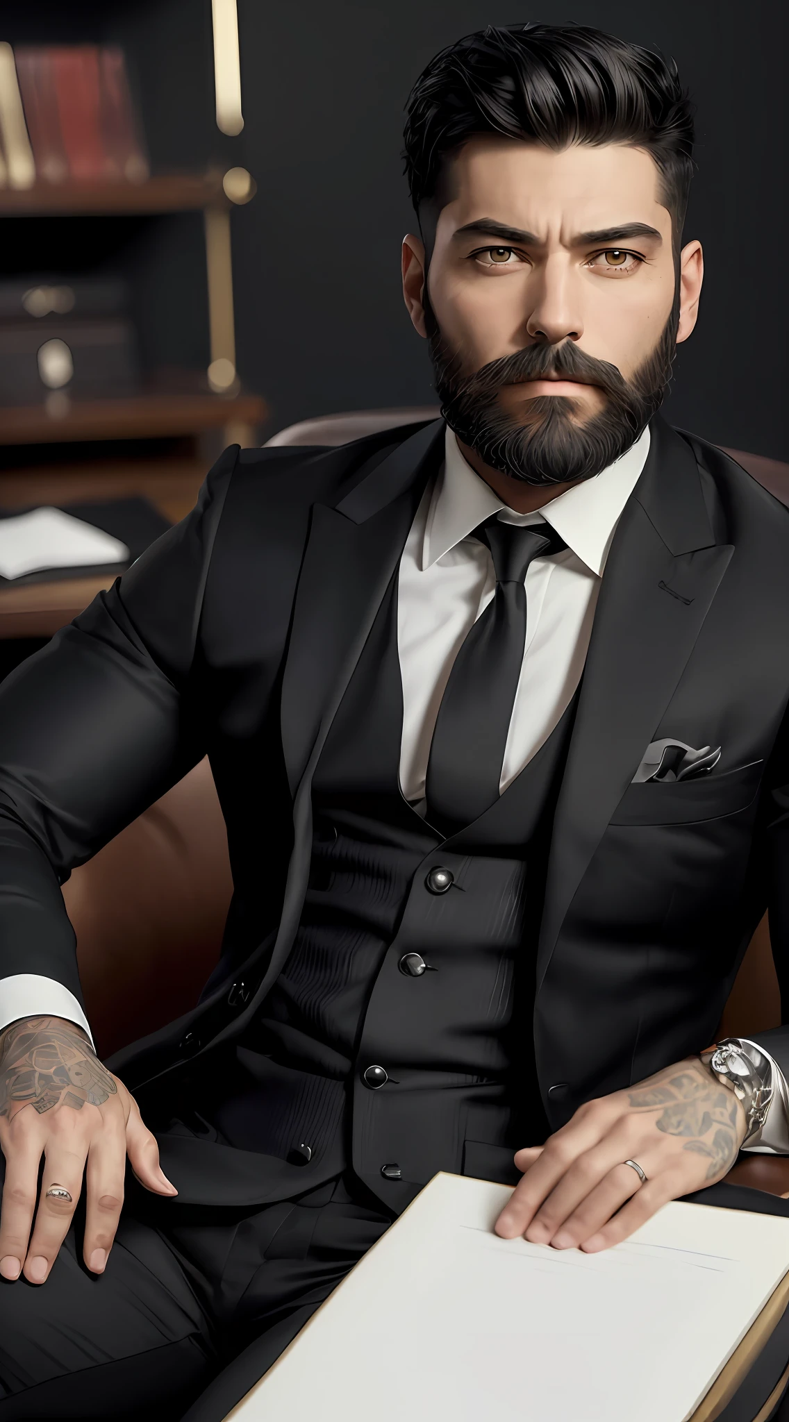 ((demi-corps)) Photo RAW PDG Homme assis dans une chaise de bureau, Porter un costume noir, (Use of dark beard) film scene, (impeccable) ,Serious and elegant man, , with thick male eyebrows, (with mysterious and serious face,) cheveux noirs courts, dark black background image, elegant, ( High quality and realistic image), ((Best quality, 8k, Masterpiece)
