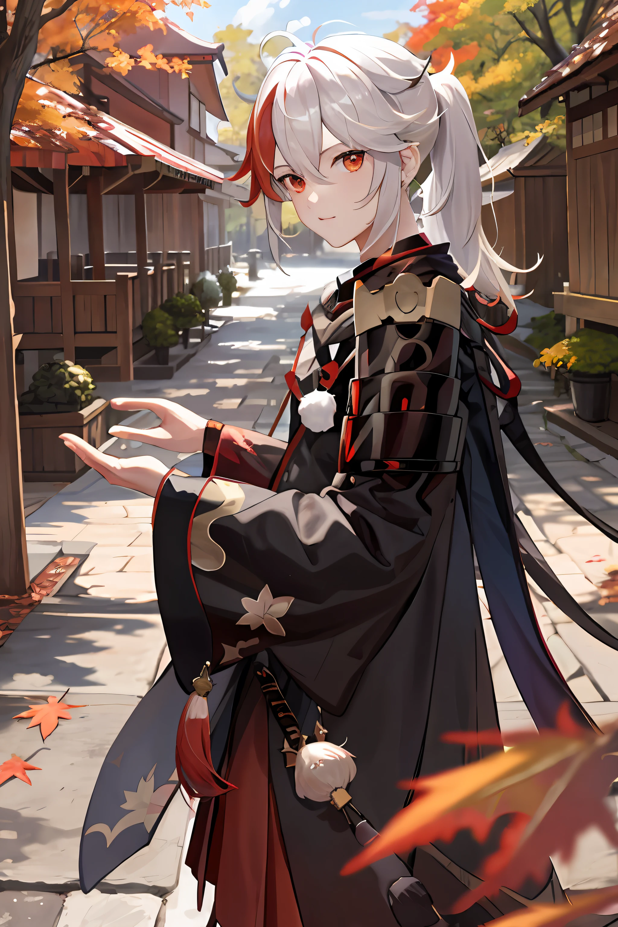 tmasterpiece, best qualityer, Maple plains and leaves, malefocus, 1boy, 独奏, red eyes, By bangs, O cabelo multicolorido, Japanese clothes, Striped hair, red hair, hair between eye, arma, The sword, Armour, Japanese armor, White hair, Keep one's mouth shut, pony tails, exteriors, nipple tassels, looking at viewert,(Maple forest background in autumn)