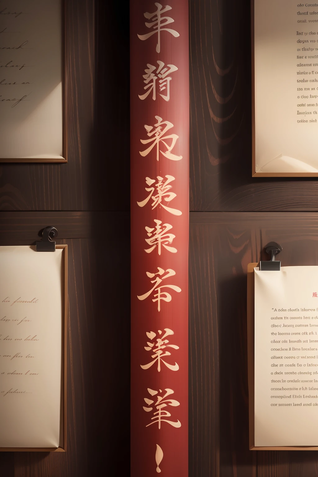 a vertical phrase on a scroll, in cryptic red characters, peaceful, beautiful