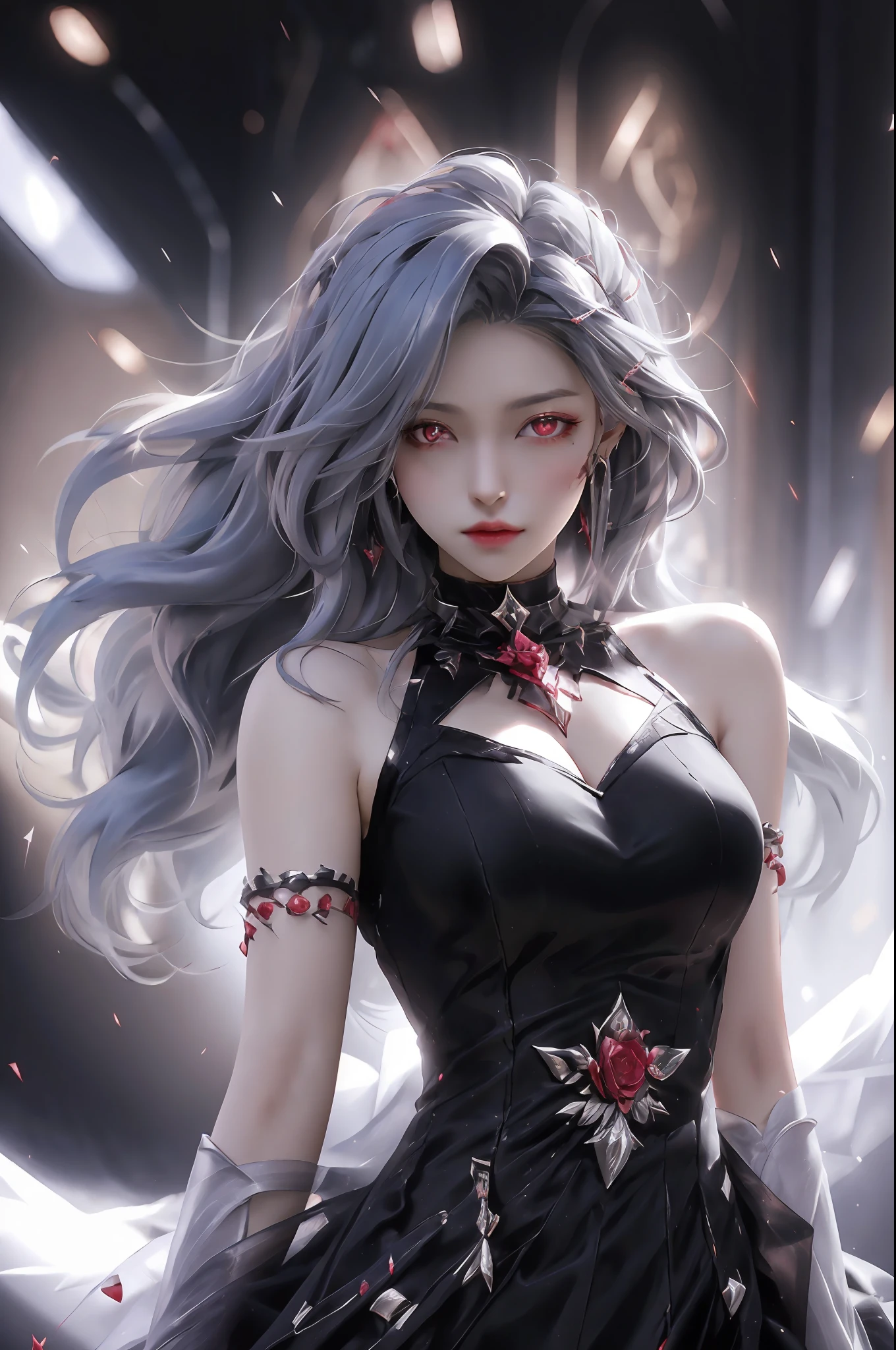 best quality, 1girl, solo, long hair, black dress, looking at viewer, upper body, gray hair, roses in hair, blood red eyes, stretcher missing