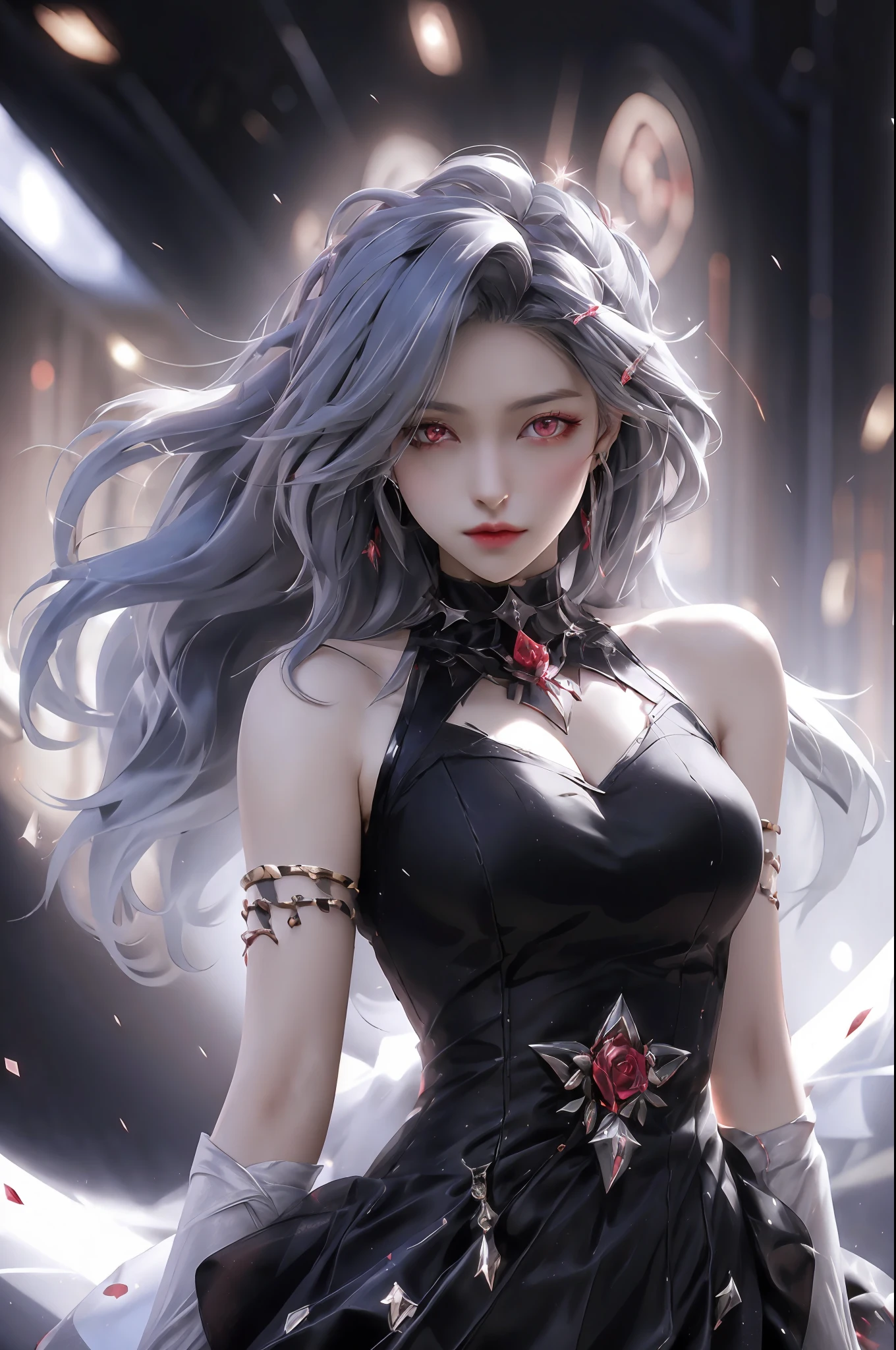 best quality, 1girl, solo, long hair, black dress, looking at viewer, upper body, gray hair, roses in hair, blood red eyes, stretcher missing