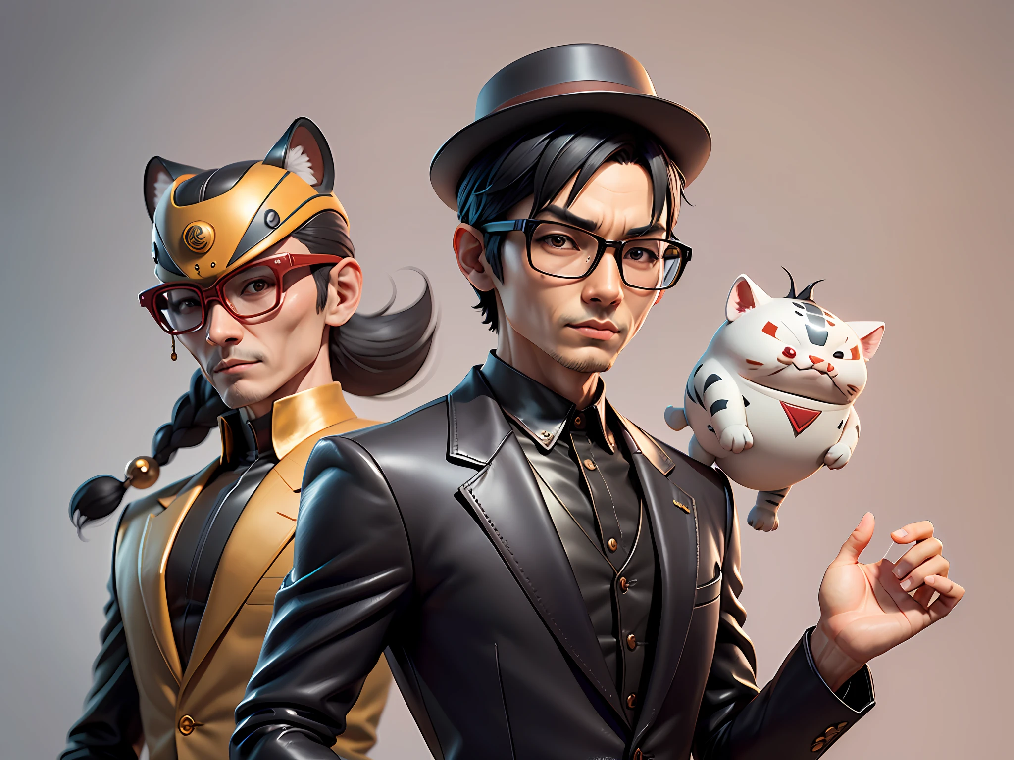 Young man with oriental face in leather hat, tiger, oriental face in formal suit, short black hair, silver glasses, digital painting, 3D character design by Mark Clairedon and Pixar and Hayao Miyazaki and Akira Toriyama, the illustration is a high-definition illustration in 4K resolution with very detailed facial features and cartoon-style visuals.