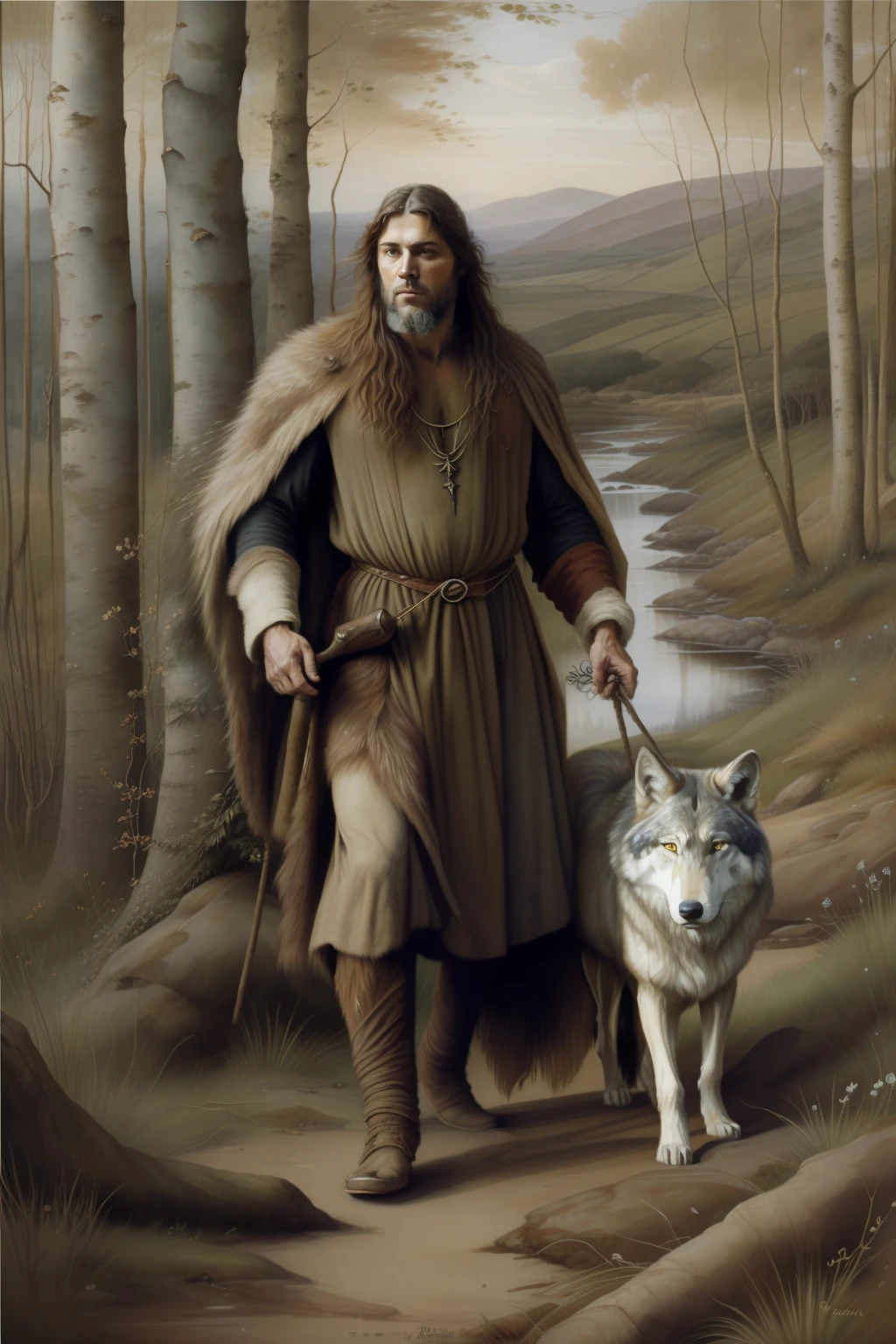 espinheiro-alvar. "(Pre-Raphaelite-style painting of a druid wearing wolf's skin, rustic man, velho, pele de lobo, espinheiro-branco)"