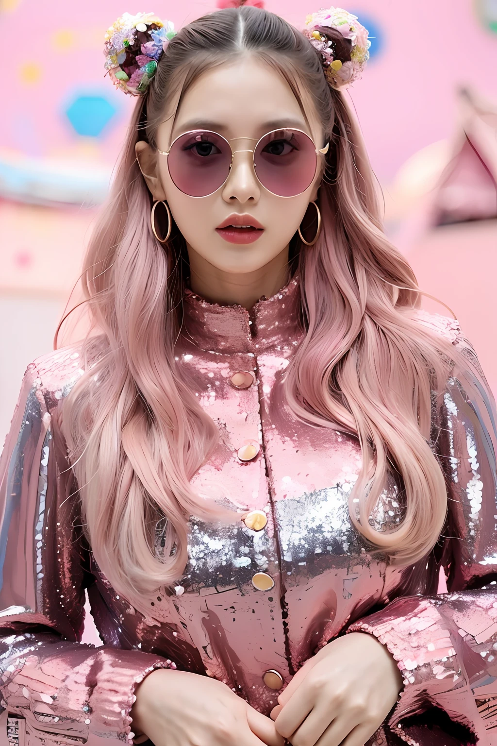 (extra detailed body、extra detailed face、best qualtiy:1.2)、femele、looking at the viewers、(Clothes colorfully decorated with large buttons on a pink base, sequins and fur、Round sunglasses)、(Round pink distorted architectural chaos on background:1.4)