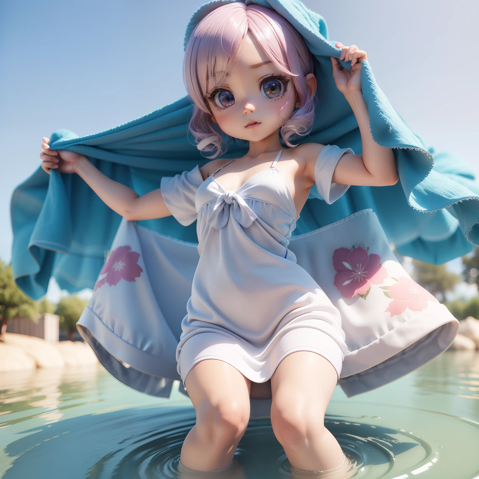 (((Chibi 3D))),Very cute and beautiful chibi anime girl//（Insanely detailed light blue fluffy towel gown:1.4), is wrapped around the body,バスルーム湯気が🧖‍♀️