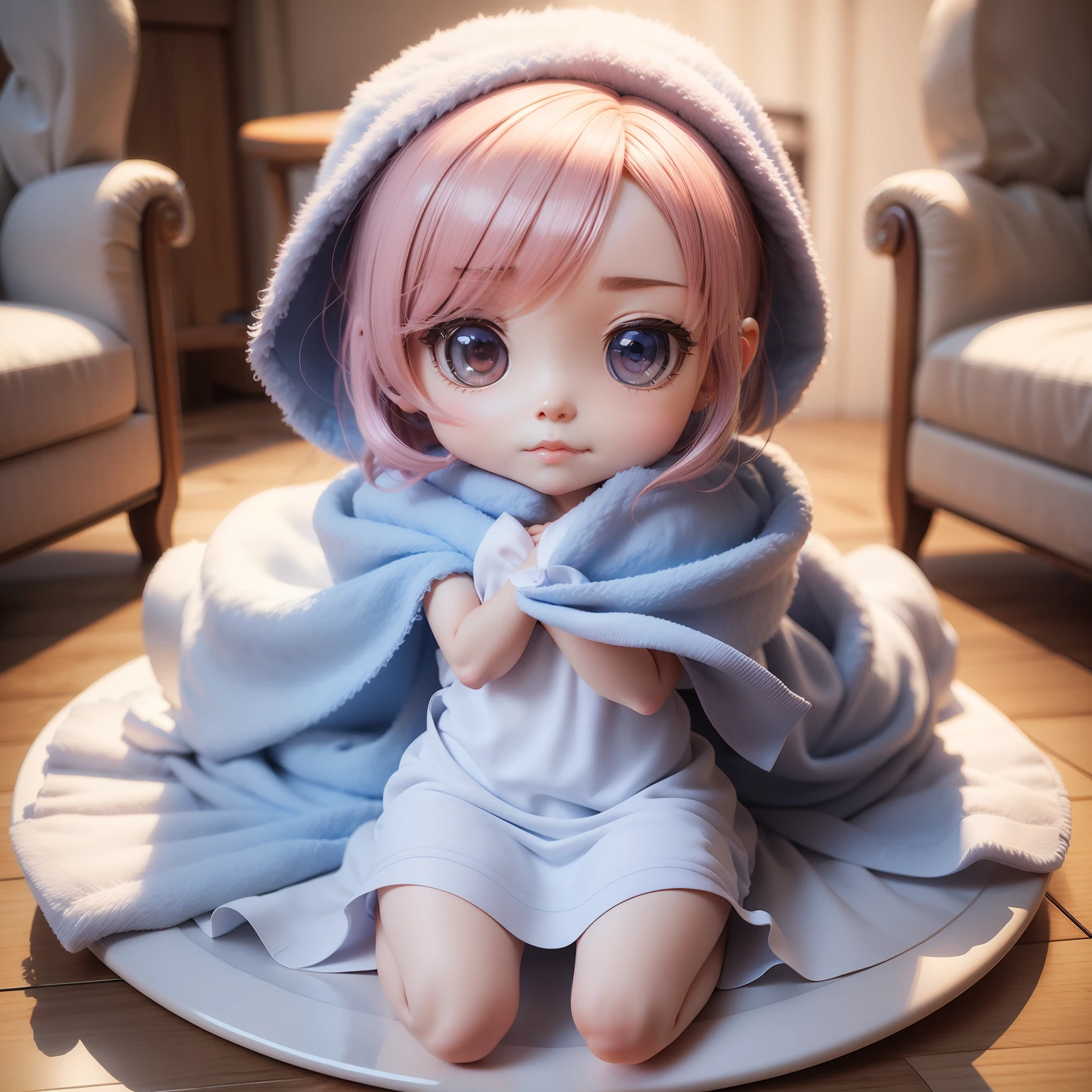 (((Chibi 3D))),Very cute and beautiful chibi anime girl//(Insanely detailed light blue fluffy towel gown:1.4), is wrapped around the body,バスルーム湯気が🧖♀️