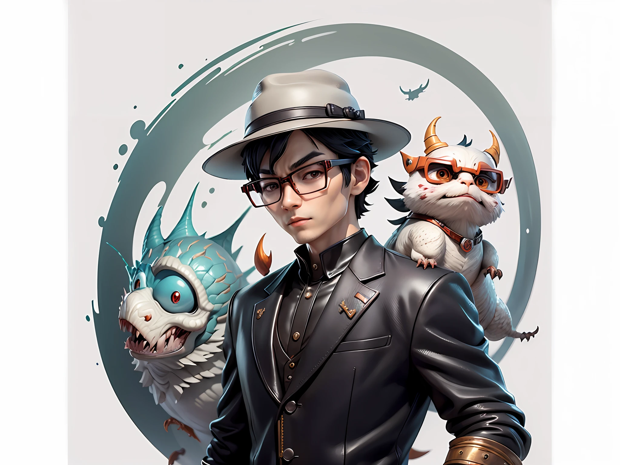 Young man with oriental face in leather hat, dragon, formal suit, short black hair, silver glasses, digital painting, 3D character design by Mark Clairedon and Pixar and Hayao Miyazaki and Akira Toriyama, the illustration is a high-definition illustration in 4K resolution with very detailed facial features and cartoon-style visuals.
