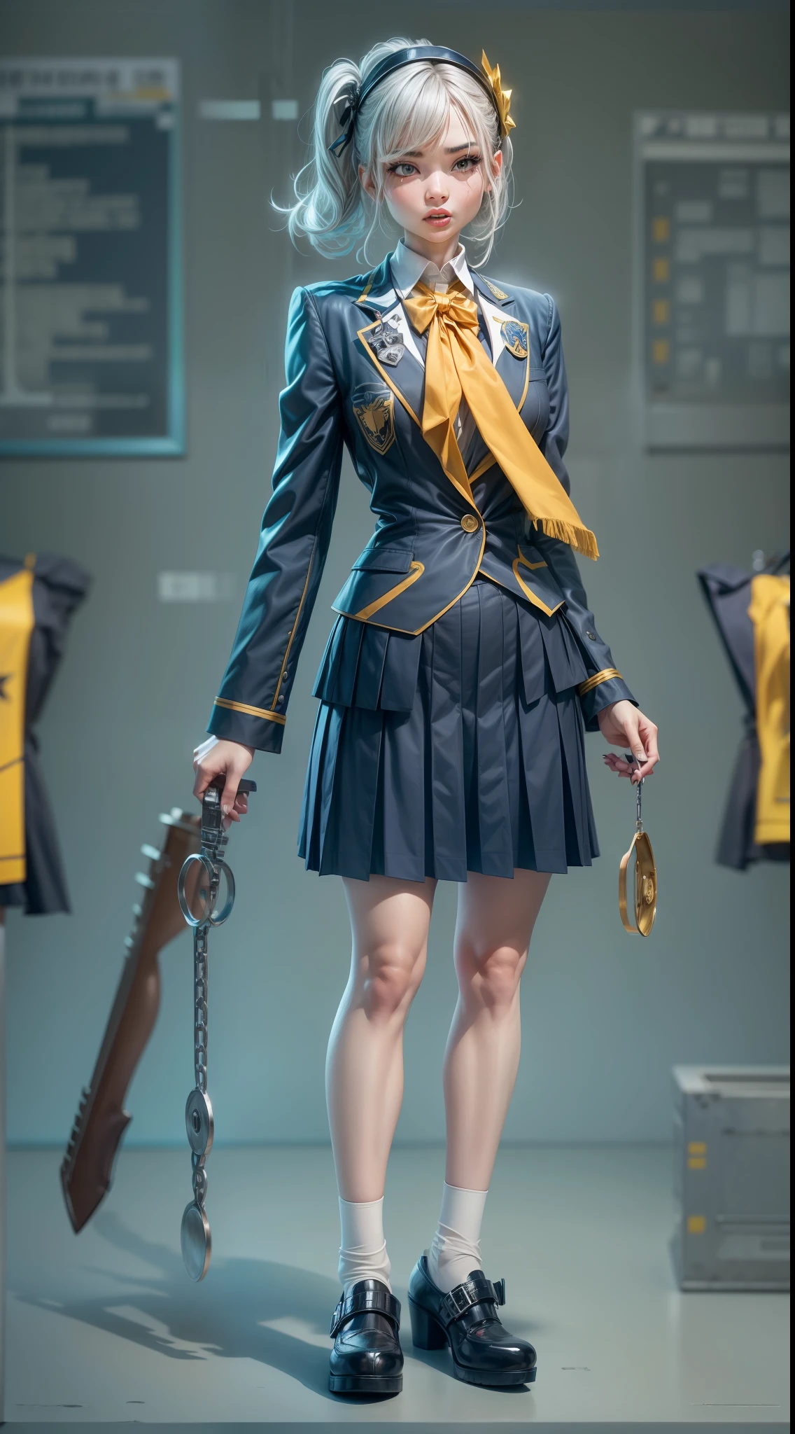 Splitting characters is prohibited，(Full body shot:1.3), tarot cards，Must show your face, anatomy correct, high-heels,Stockings are mandatory, Stainless steel leg irons, Stainless steel leg ring, Stainless steel collar,Stainless steel shackles，Colorful，j.K. School uniform print blue and yellow color scheme，Superskirt，strappy，Prop your hands back on the ground，Open your legs to reveal your panties，Complex and diverse backgrounds，Strangling effect, Heavy makeup, A shallow laugh, hyper HD, Ray traching, structurally correct, Award-Awarded, high detal, lightand shade contrast, Face lighting，cinmatic lighting, tmasterpiece, super detailing, high high quality, high detal, best qualityer, 16k