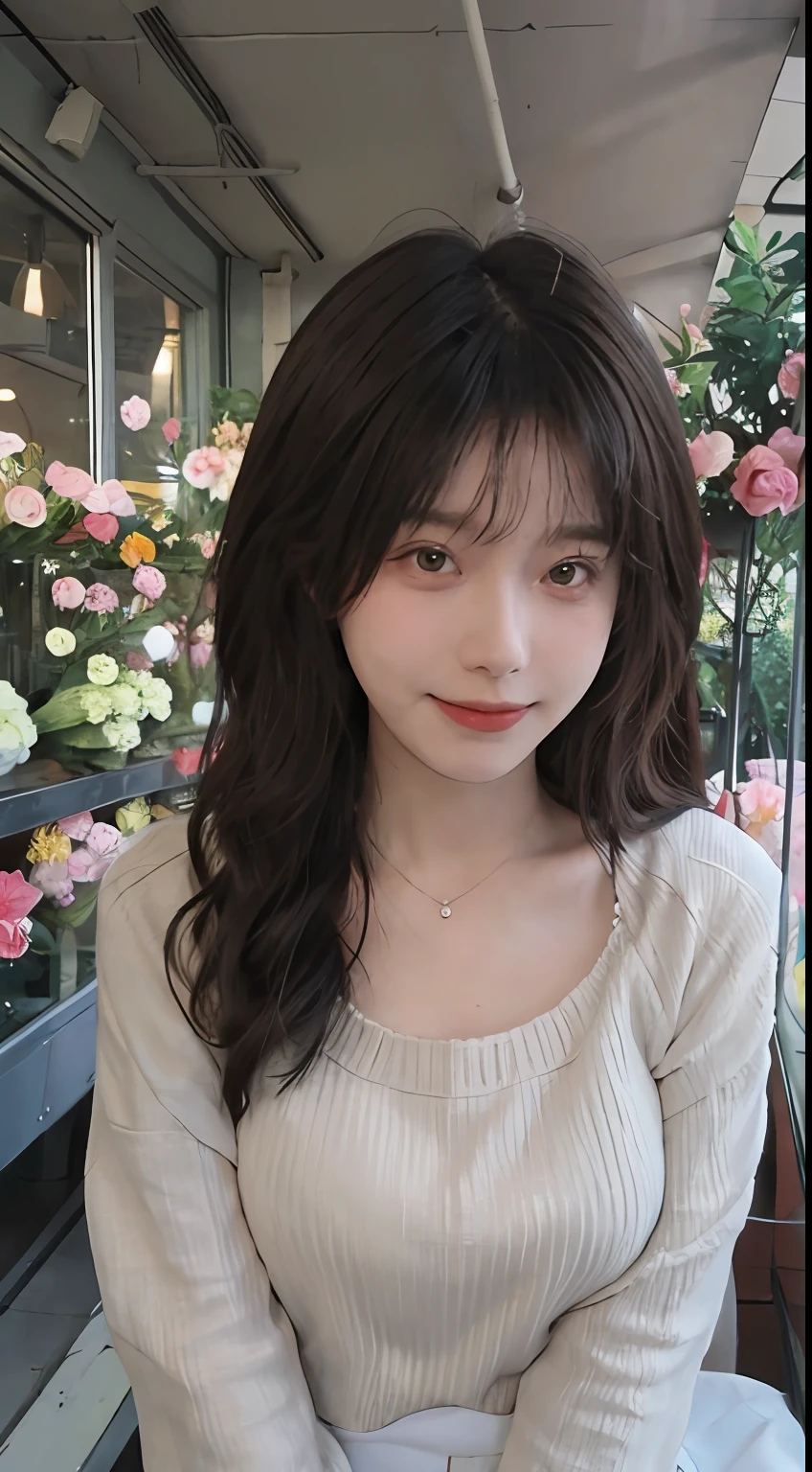 best qualtiy， 超高分辨率， （realisticlying：1.4），cute hairpin，Baoyu Girl，1girll, Beautiful woman with a slim figure:1.4, Abs:1.1, (A brown-haired, mideum breasts:1.3), Pink cropped sweater:1.1, Flower shop,Ultra-fine face，Elaborate Eyes，二重まぶた，ssmile，choker necklace