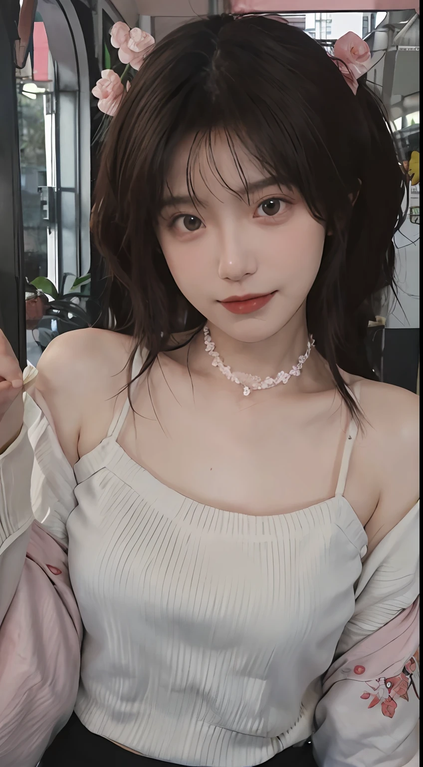best qualtiy， 超高分辨率， （realisticlying：1.4），cute hairpin，Baoyu Girl，1girll, Beautiful woman with a slim figure:1.4, Abs:1.1, (A brown-haired, mideum breasts:1.3), Pink cropped sweater:1.1, Flower shop,Ultra-fine face，Elaborate Eyes，二重まぶた，ssmile，choker necklace