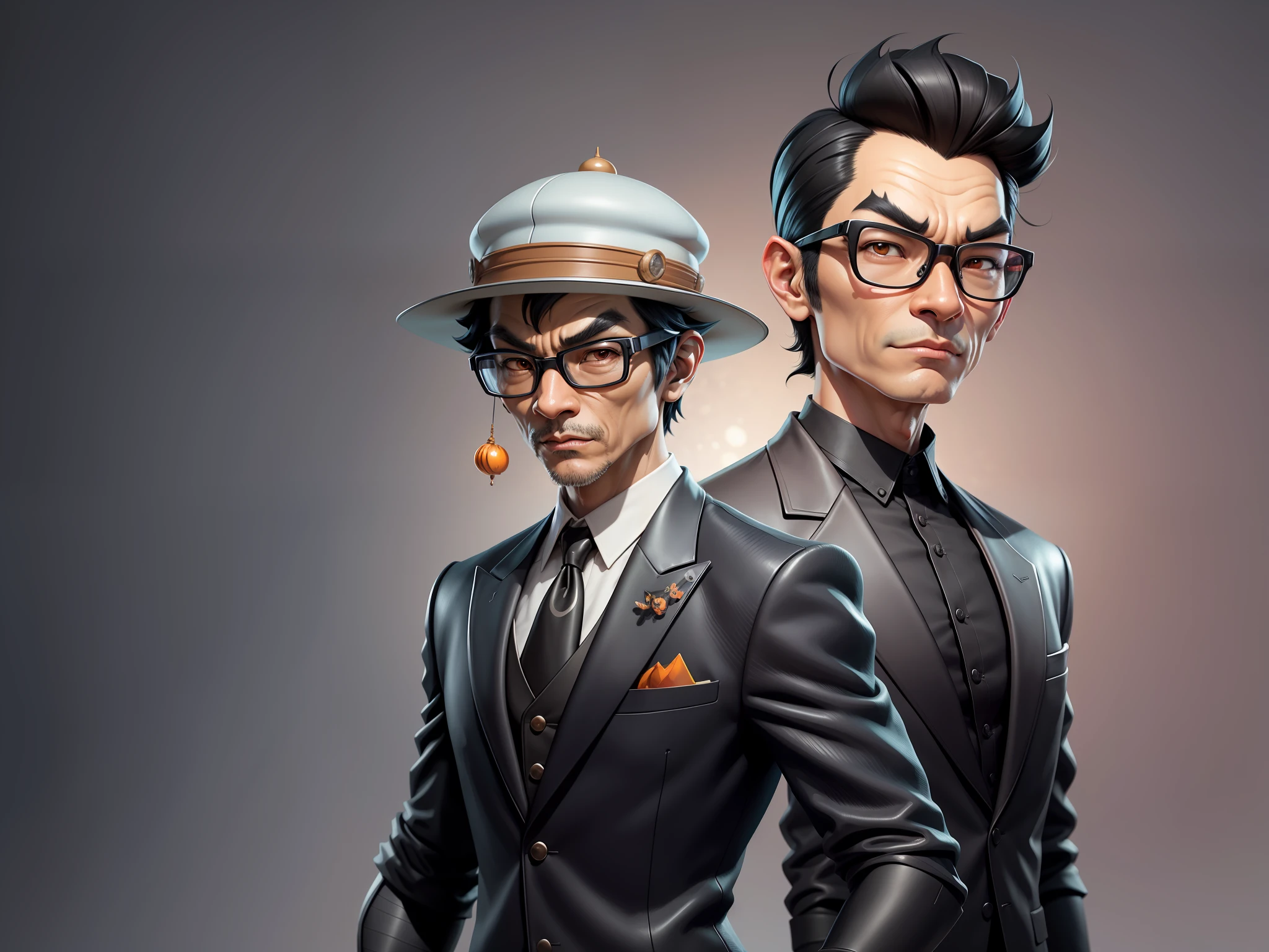 Young man with oriental face in leather hat, tiger, oriental face in formal suit, short black hair, silver glasses, digital painting, 3D character design by Mark Clairedon and Pixar and Hayao Miyazaki and Akira Toriyama, the illustration is a high-definition illustration in 4K resolution with very detailed facial features and cartoon-style visuals.