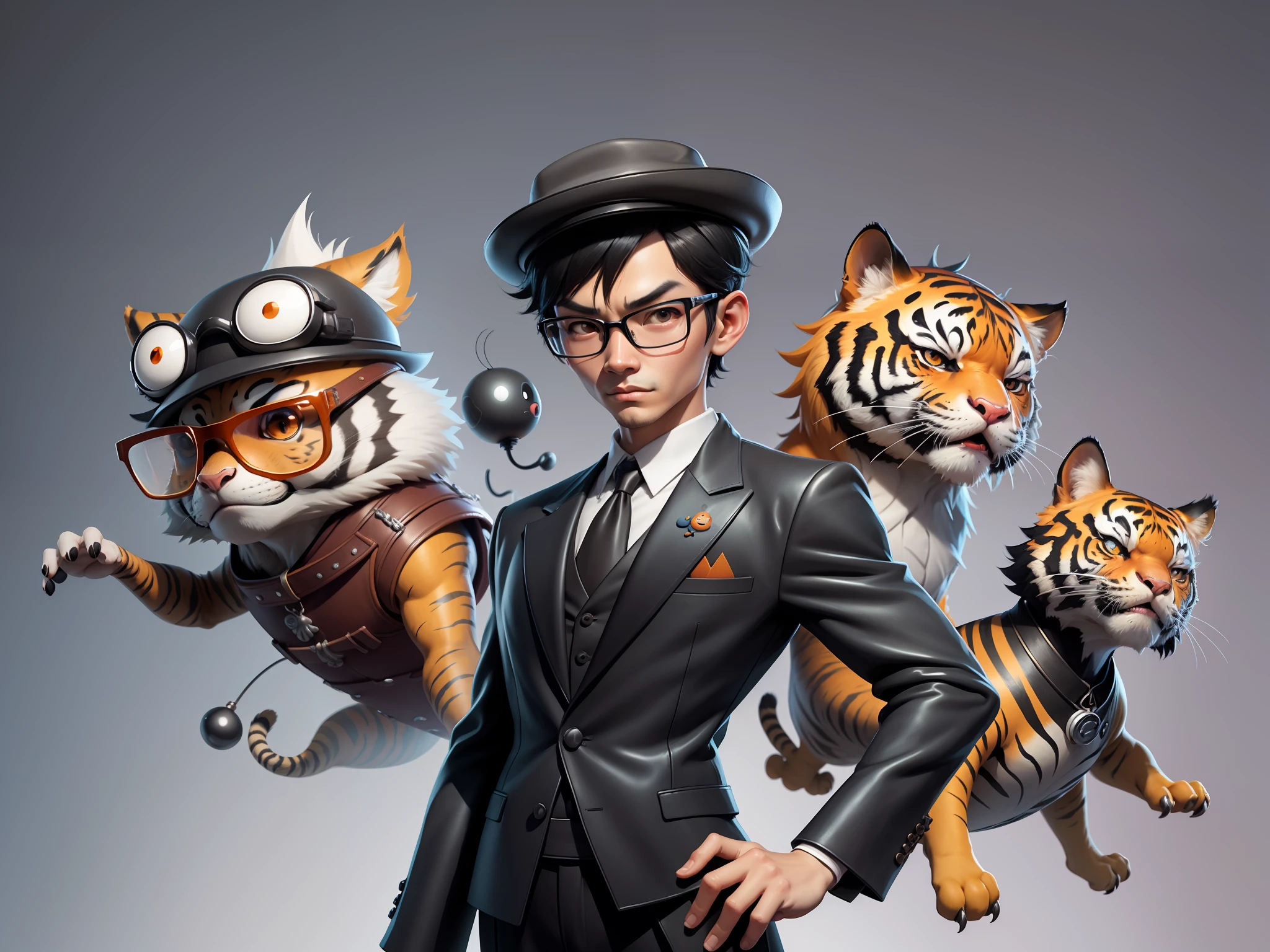 Young man with oriental face in leather hat, tiger, oriental face in formal suit, short black hair, silver glasses, digital painting, 3D character design by Mark Clairedon and Pixar and Hayao Miyazaki and Akira Toriyama, the illustration is a high-definition illustration in 4K resolution with very detailed facial features and cartoon-style visuals.