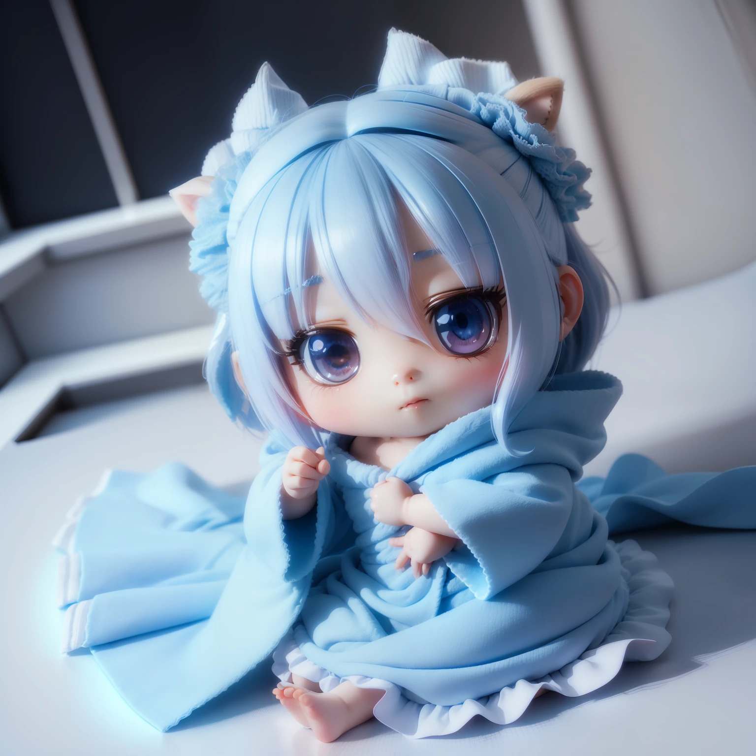 (((Chibi 3D))),Very cute and beautiful chibi anime girl//（Insanely detailed light blue fluffy towel gown:1.4), It is wrapped around the body,バスルーム湯気が🧖‍♀️