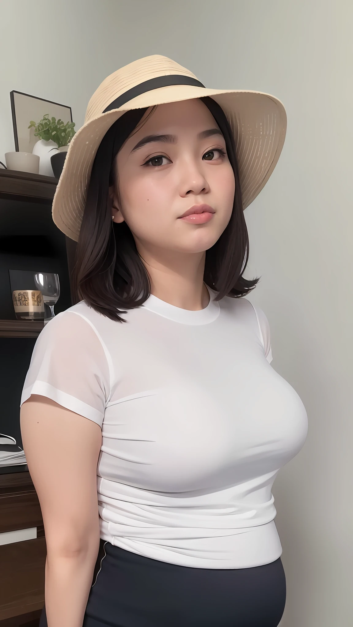 there is a pregnant woman wearing a hat and a white shirt, dang my linh, nivanh chanthara, in style of lam manh, nuttavut baiphowongse, south east asian with round face, young cute wan asian face, potrait, ruan cute vtuber, with lovely look, with short hair, with big boobs