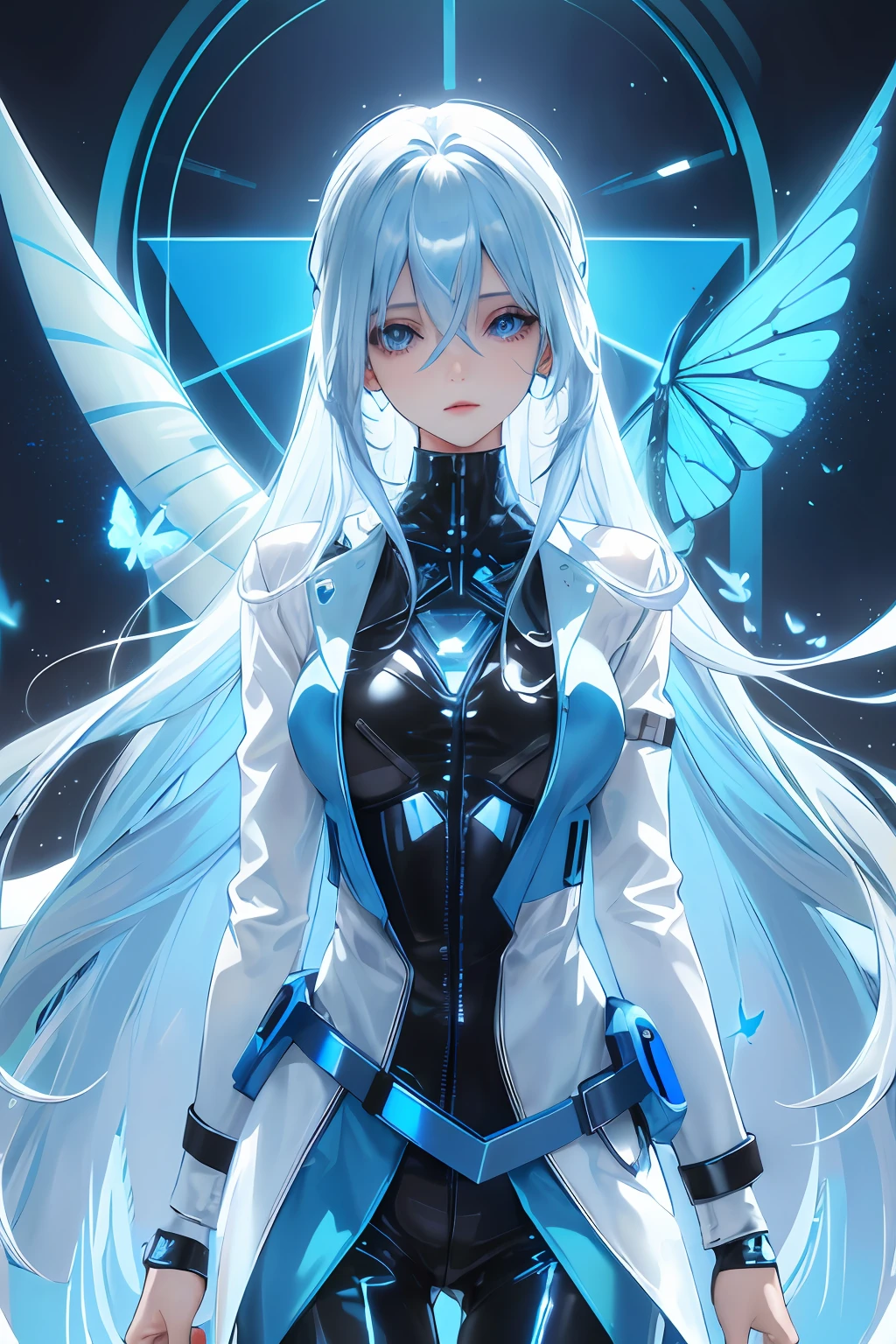 Glowing blue butterfly,Blue skinny latex jacket,1girll,blue colors,Long white hair, Masterpiece, Best quality,A high resolution,Detail enhancement,best qualtiy,Perfect image quality,Cool and elegant,Beautiful and gentle,cyber punk perssonage