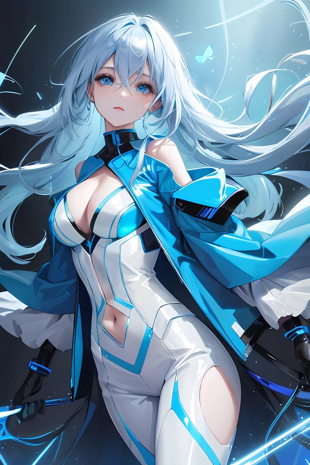 Glowing blue butterfly，Blue skinny latex jacket，1girll，blue colors，Long white hair， Masterpiece, Best quality,A high resolution,Detail enhancement，best qualtiy，Perfect image quality，Cool and elegant，Beautiful and gentle，cyber punk perssonage