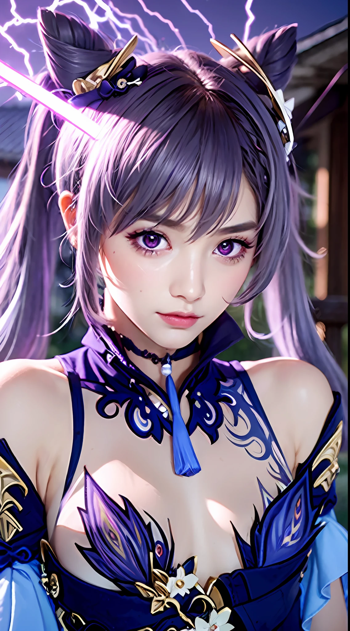 masterpiece、best qualtiy、the detail、depth of fields、8K分辨率、Raw photo、Ultra-realistic and realistic face and eyes、realistic skin textures、电影灯光、Gaze on the audience。1 girl in、独奏、(frowned、Mouth closed)、Ketin_\(Genshin_impactful\)、Purple_Eyes、purple color hair、long twintail、both sides、sharp eye、serious faces、gloves、Black stockings、outside of house、purple lightning、Fileg、Lightning shining sword、purple lightning、The upper part of the body