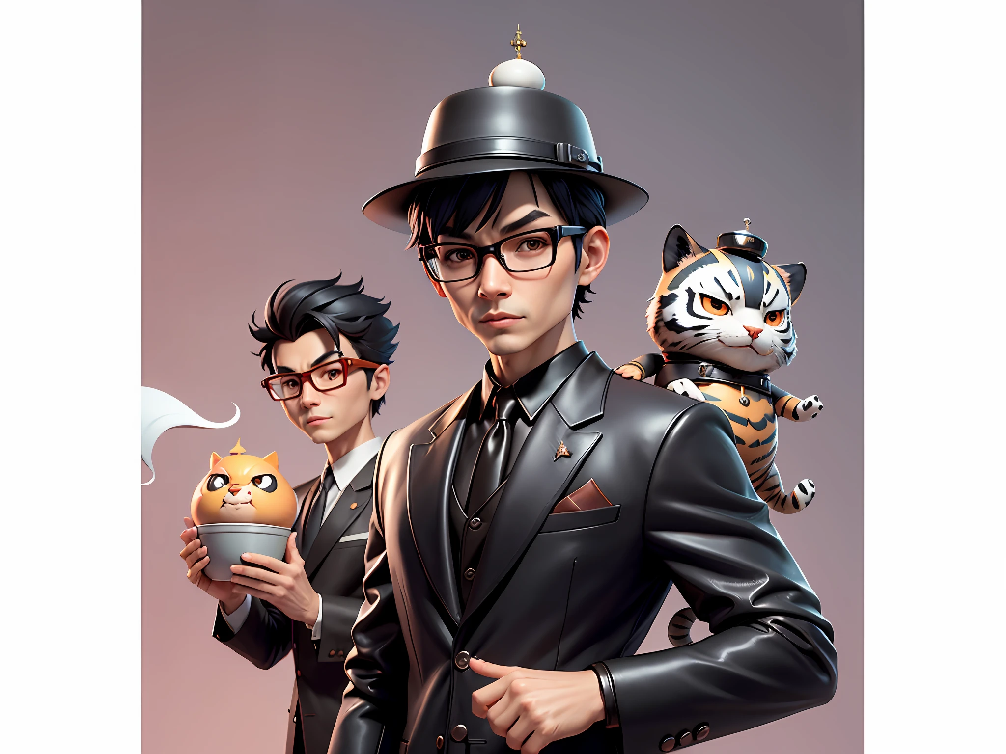 Young man with oriental face in leather hat, tiger, oriental face in formal suit, short black hair, silver glasses, digital painting, 3D character design by Mark Clairedon and Pixar and Hayao Miyazaki and Akira Toriyama, the illustration is a high-definition illustration in 4K resolution with very detailed facial features and cartoon-style visuals.