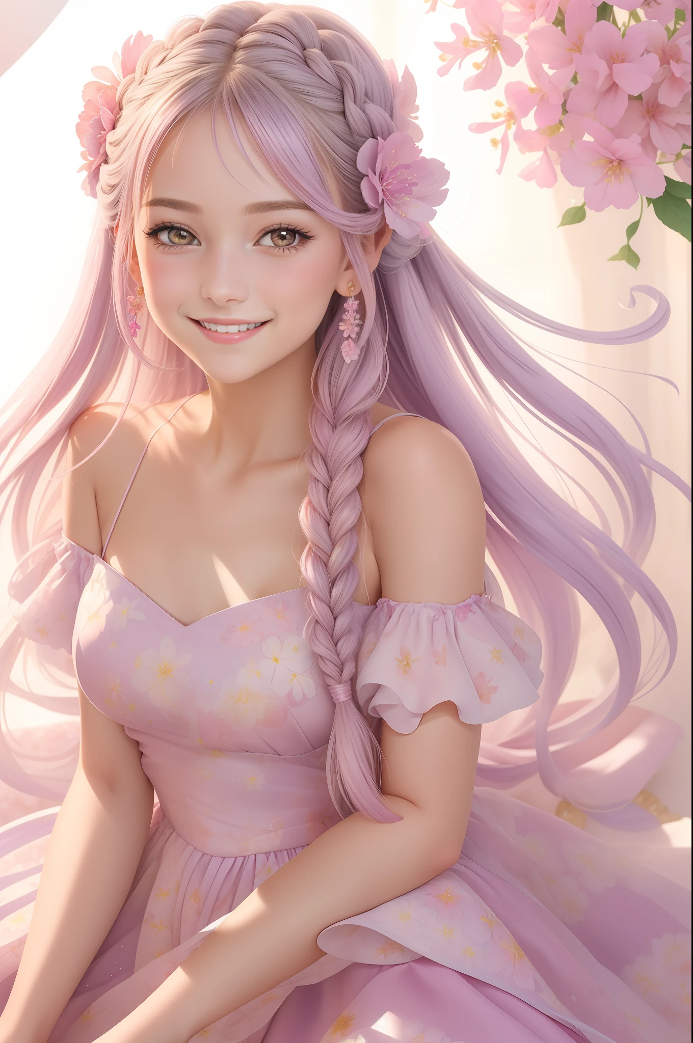 ((melhor qualidade de imagem)), Very sharp image of a delicate cinderella girl smiling in watercolor with long hair, with pink floral dress and lilac glitter, flowers and braids, Borboletas glitter, studio lighting