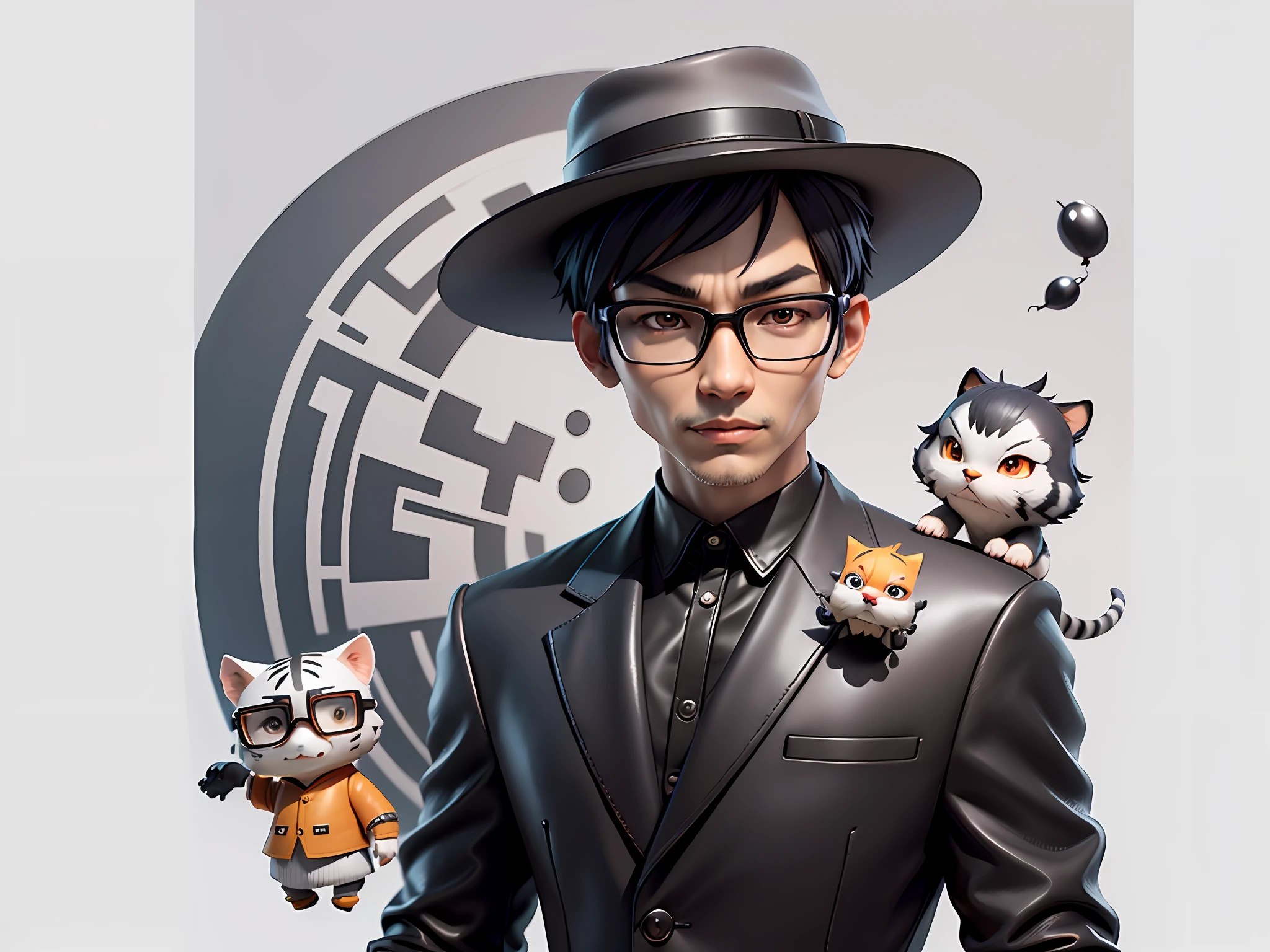 Young man with oriental face in leather hat, tiger, oriental face in formal suit, short black hair, silver glasses, digital painting, 3D character design by Mark Clairedon and Pixar and Hayao Miyazaki and Akira Toriyama, the illustration is a high-definition illustration in 4K resolution with very detailed facial features and cartoon-style visuals.