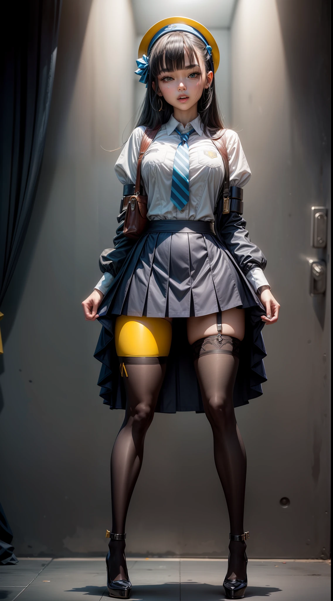 Splitting characters is prohibited,(Full body shot:1.3), tarot cards,Must show your face, anatomy correct, high-heels,Stockings are mandatory, Stainless steel leg irons, Stainless steel leg ring, Stainless steel collar,Stainless steel shackles,Colorful,j.K. School uniform print blue and yellow color scheme,Superskirt,strappy,Prop your hands back on the ground,Open your legs to reveal your panties,Complex and diverse backgrounds,Strangling effect, Heavy makeup, A shallow laugh, hyper HD, Ray traching, structurally correct, Award-Awarded, high detal, lightand shade contrast, Face lighting,cinmatic lighting, tmasterpiece, super detailing, high high quality, high detal, best qualityer, 16k
