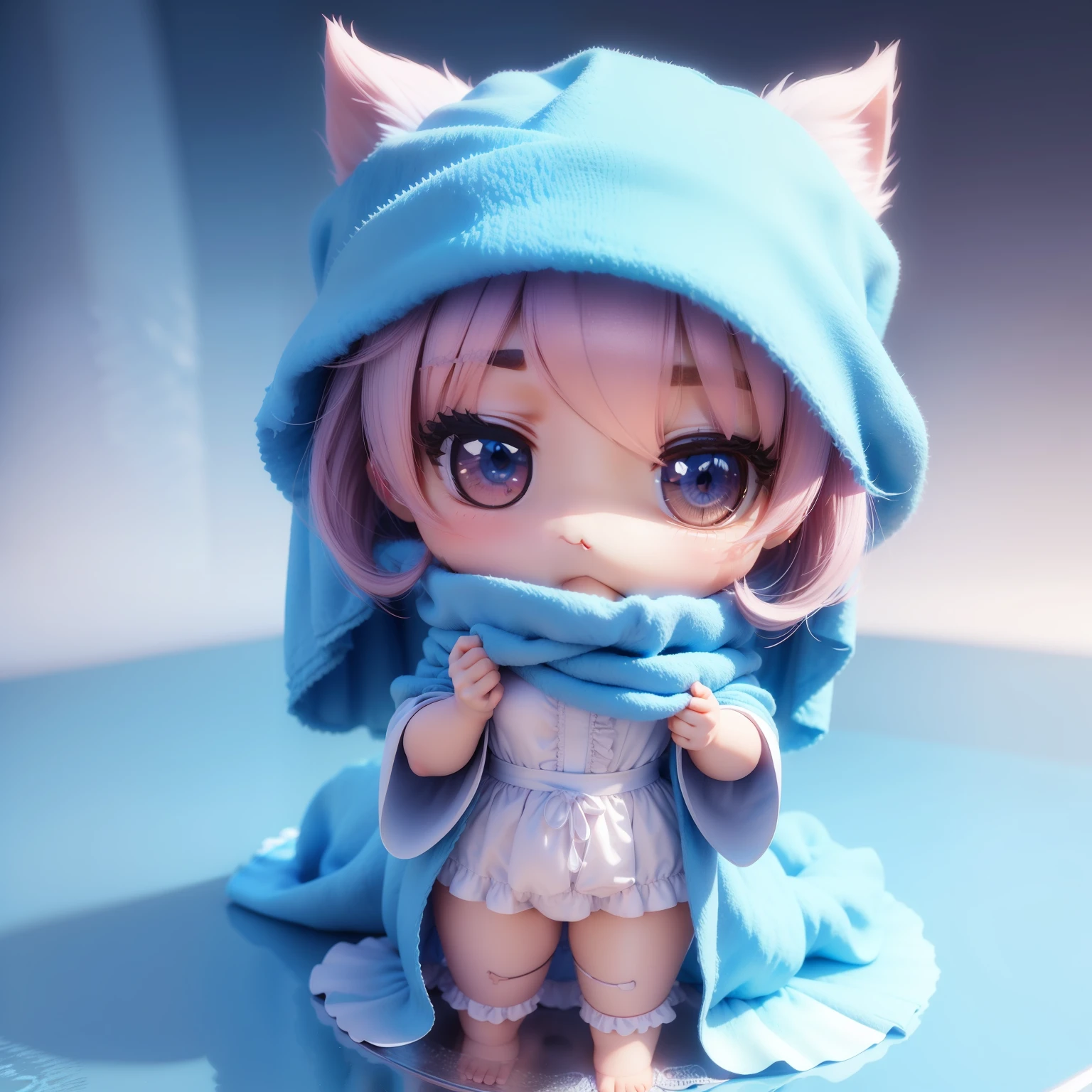 (((Chibi 3D))),Very cute and beautiful chibi anime girl//（Insanely detailed light blue fluffy towel gown:1.4), It is wrapped around the body,バスルーム湯気が🧖‍♀️