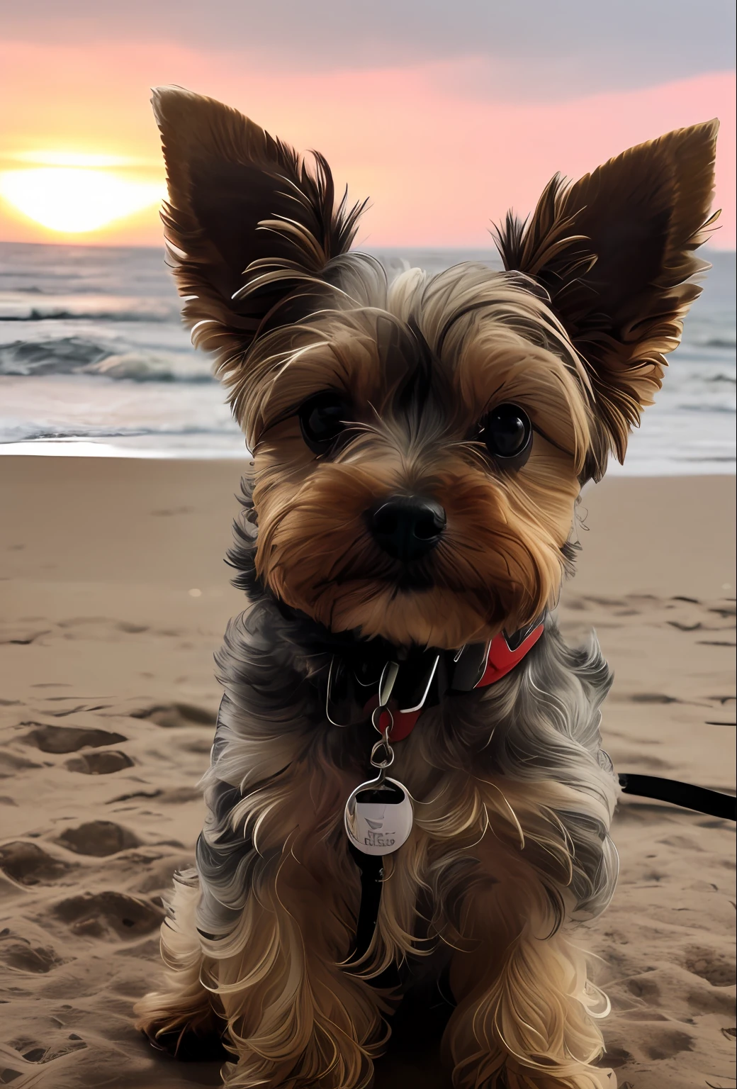 desenho, obra prima, cinematic, ultra realistic, a closeup of a small dog with a leash on, Yorkshire Terrier, olhar desleixado, retrato frontal, olhando de lado, front facing the camera, olhando para o lado, staring directly at camera, Looking towards the camera, reduzido, Looking away from the camera, staring directly at camera, looking away from camera, sentado numa praia com por do sol, sentado na areia da praia