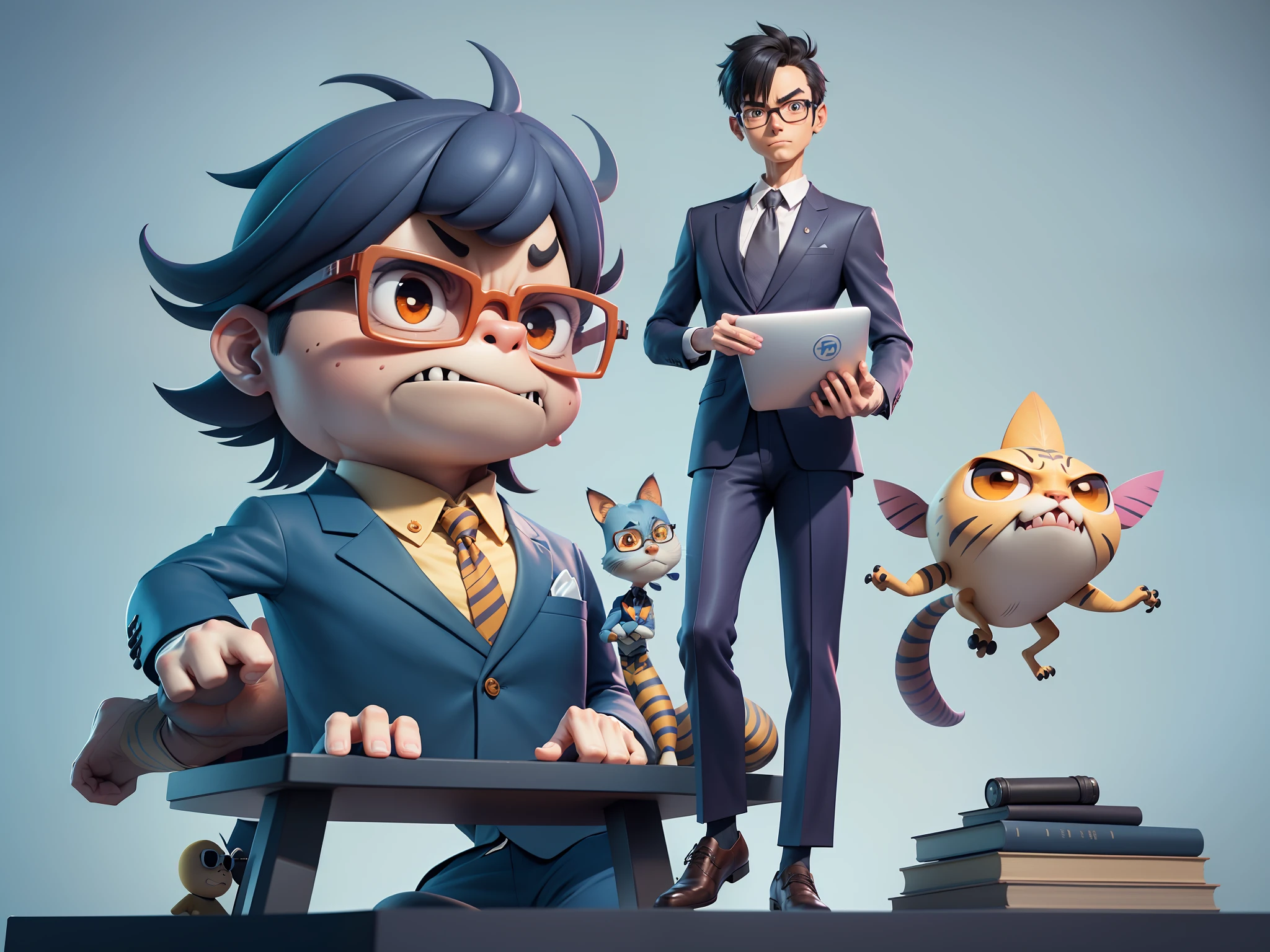 A young man in a suit, Short hair and glasses sat at his desk，holding laptop，digitial painting，tigre，3D character design by Mark Clairen and Pixar and Hayao Miyazaki and Akira Toriyama，4K HD illustration，Very detailed facial features and cartoon-style visuals。