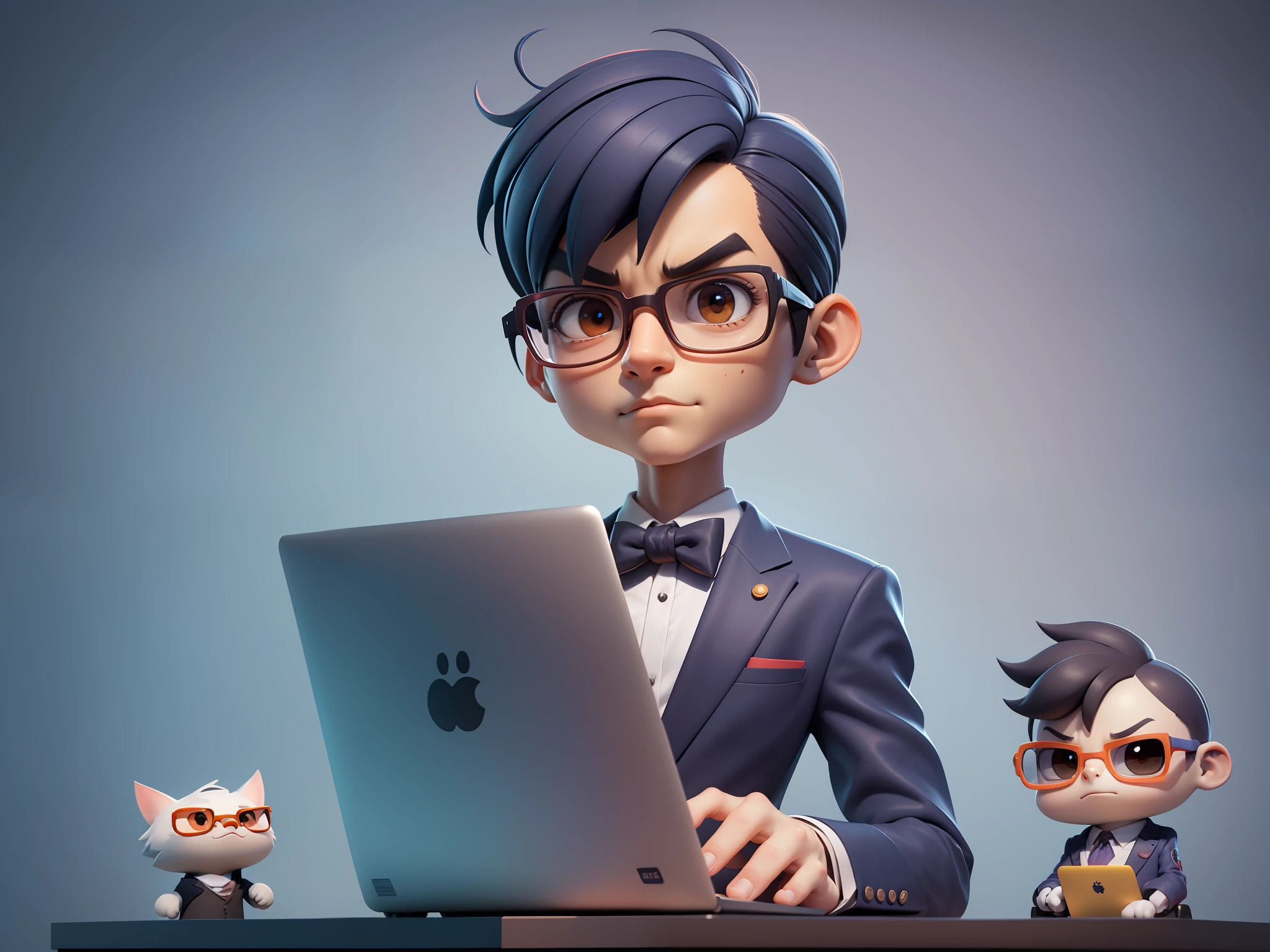 A young man in a suit, Short hair and glasses sat at his desk，holding laptop，digitial painting，tigre，3D character design by Mark Clairen and Pixar and Hayao Miyazaki and Akira Toriyama，4K HD illustration，Very detailed facial features and cartoon-style visuals。