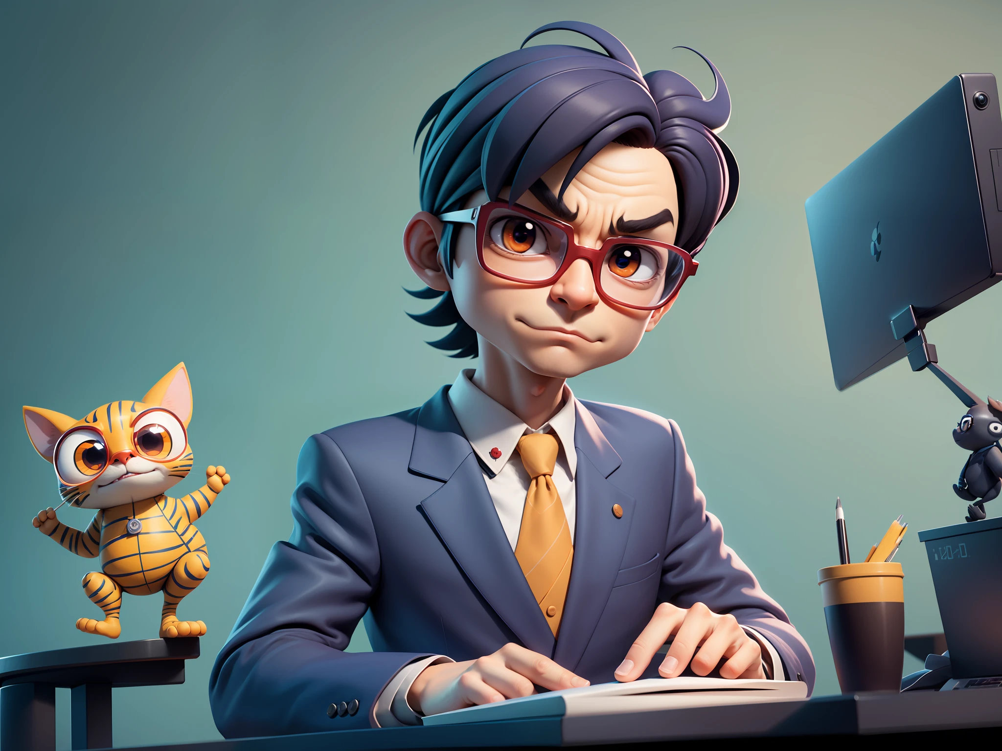 A young man in a suit, Short hair and glasses sat at his desk,holding laptop,digitial painting,tigre,3D character design by Mark Clairen and Pixar and Hayao Miyazaki and Akira Toriyama,4K HD illustration,Very detailed facial features and cartoon-style visuals。
