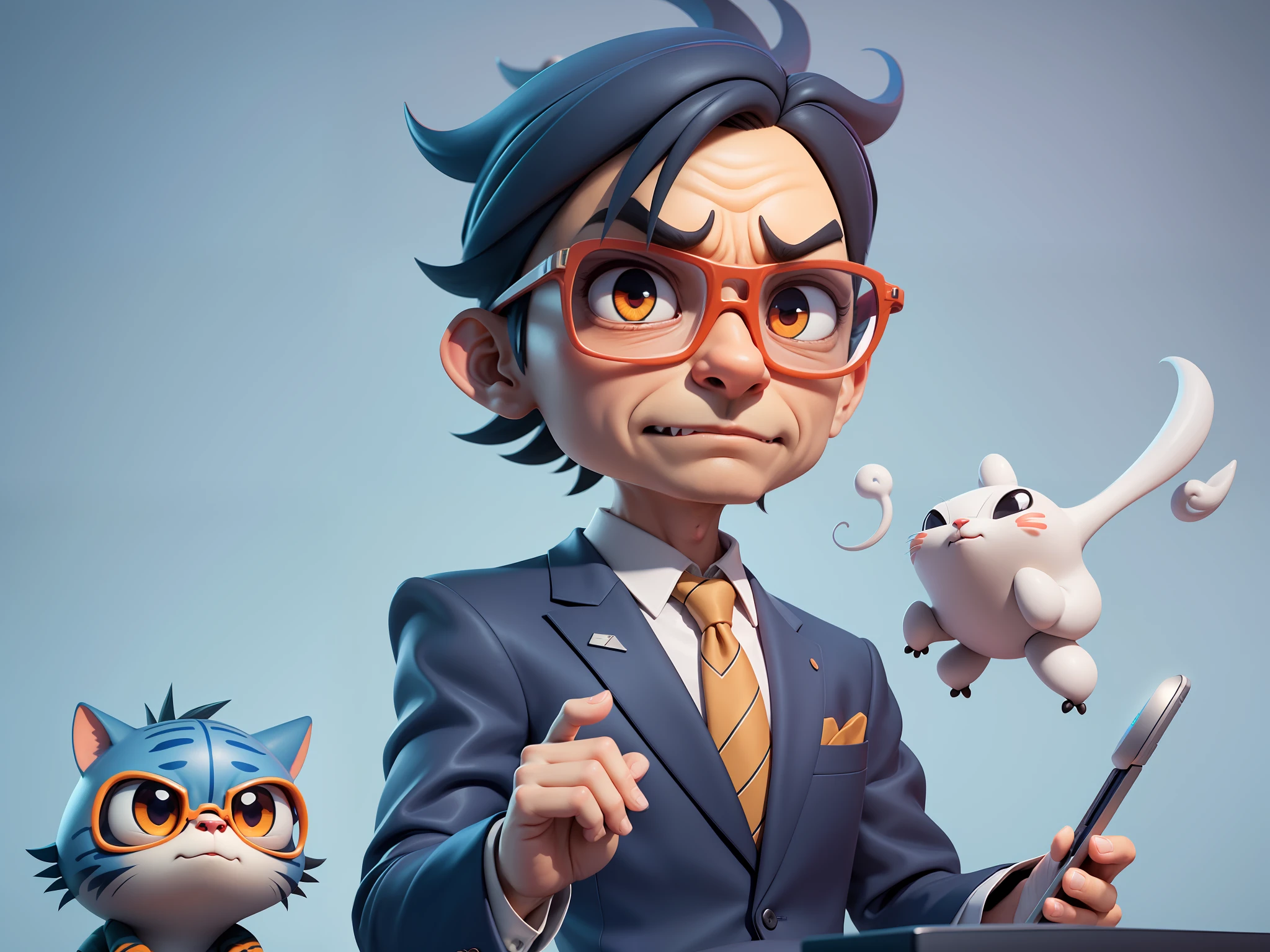 A young man in a suit, Short hair and glasses sat at his desk,holding laptop,digitial painting,tigre,3D character design by Mark Clairen and Pixar and Hayao Miyazaki and Akira Toriyama,4K HD illustration,Very detailed facial features and cartoon-style visuals。