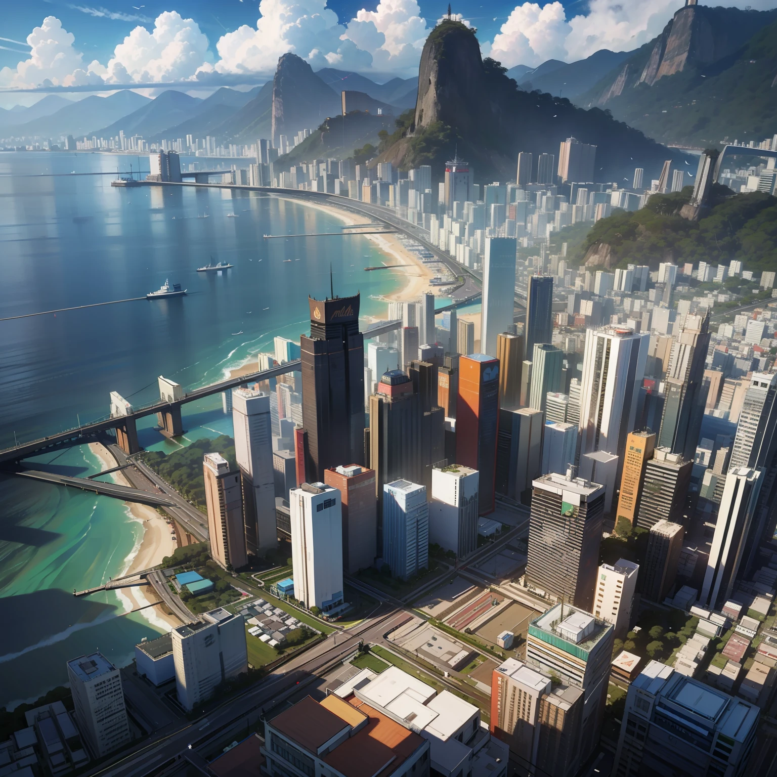 uma imagem hiper-realista do Rio de Janeiro em um dia ensolarado, highlighting the city's diversity with skyscrapers and elegant buildings, contrasting with a typical Brazilian favela. Add cars on the busy streets and highlight the sea embracing the city and the beach. Use pintura digital, 8k UHD and film grain for authentic representation. 3D rendering should be detailed and realistic. Capture the scene from above for a unique perspective."