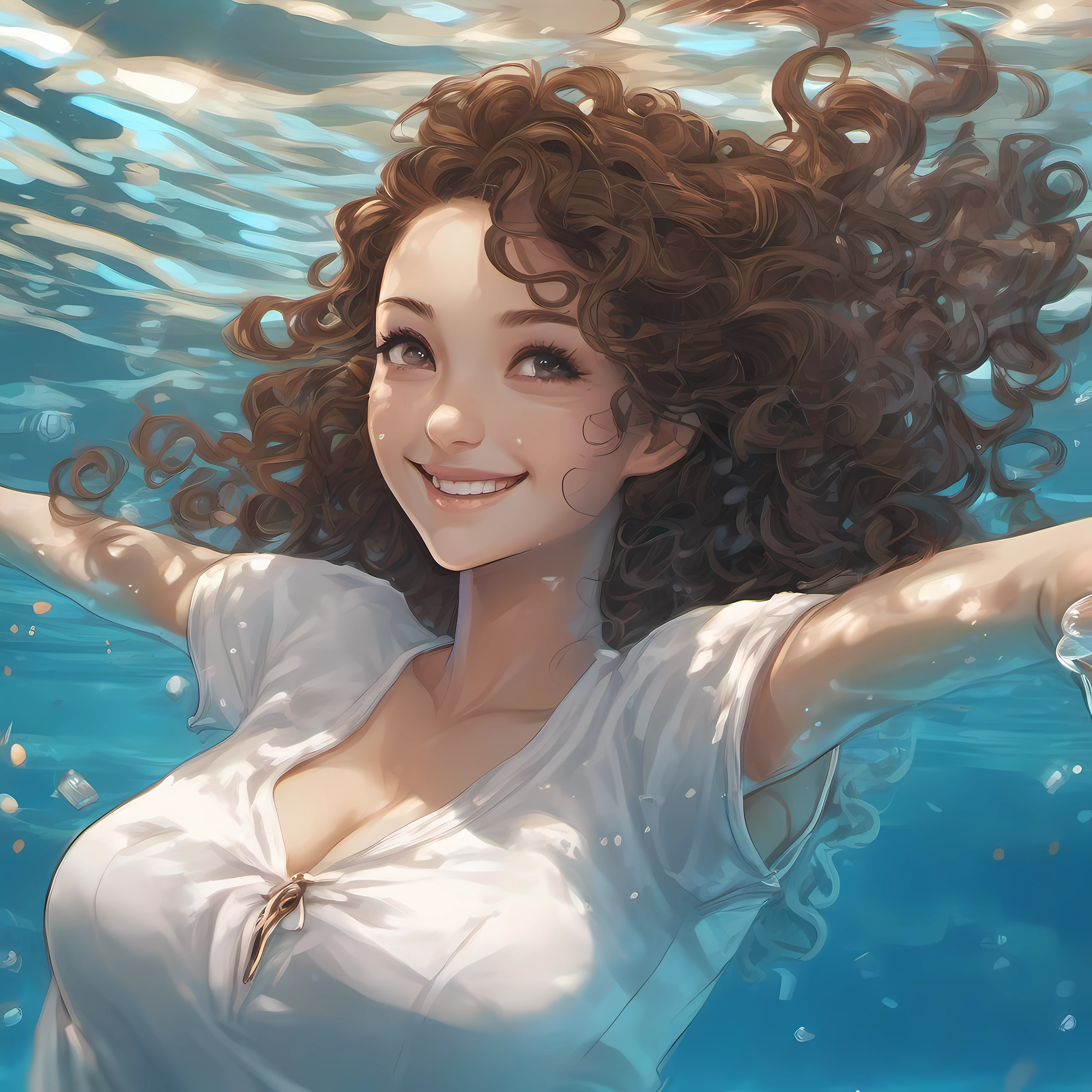 Beautiful woman, age 35, (((full body))), centered, brunette, curly hair, swimming, smiling, wearing white t-shirt, in the pool, intricate details, high definition!