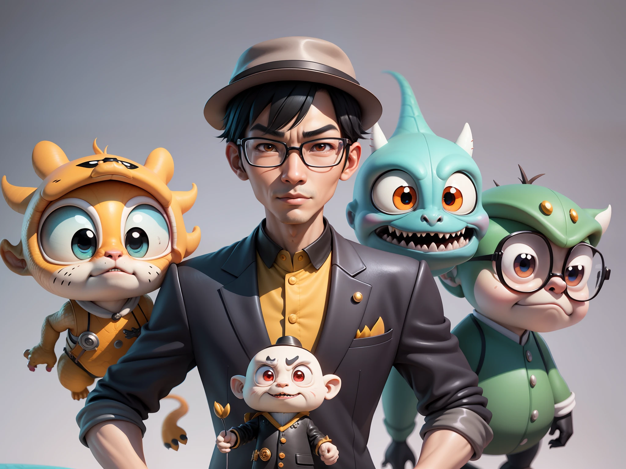 Young man with oriental face in leather hat, dragon, formal suit, short black hair, silver glasses, digital painting, 3D character design by Mark Clairedon and Pixar and Hayao Miyazaki and Akira Toriyama, the illustration is a high-definition illustration in 4K resolution with very detailed facial features and cartoon-style visuals.