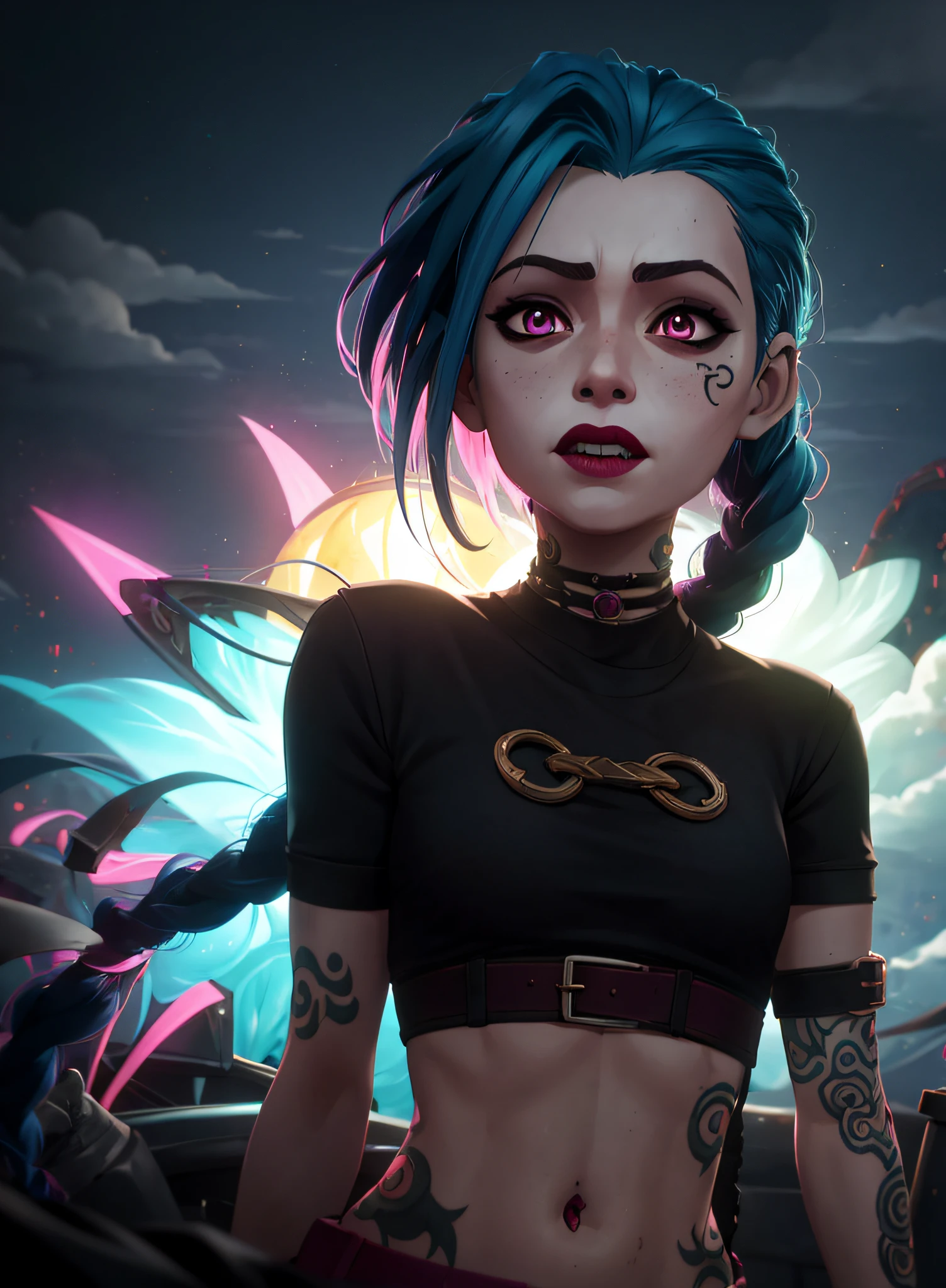 glowing, face focus, portrait, crazy, insanity, glowing pink eyes,arcane style, 1girl, arm tattoo, asymmetrical bangs, bangs, blue hair, braid, brown shirt, cloud tattoo, looking at viewer, laughing, crazy, uncontrollable laugh, mad look, night, city, green hair, long hair, midriff, pink eyes, red lips, shirt, solo, standing, tattoo, twin braids, upper body, arcane jinx, jinx \(league of legends\)