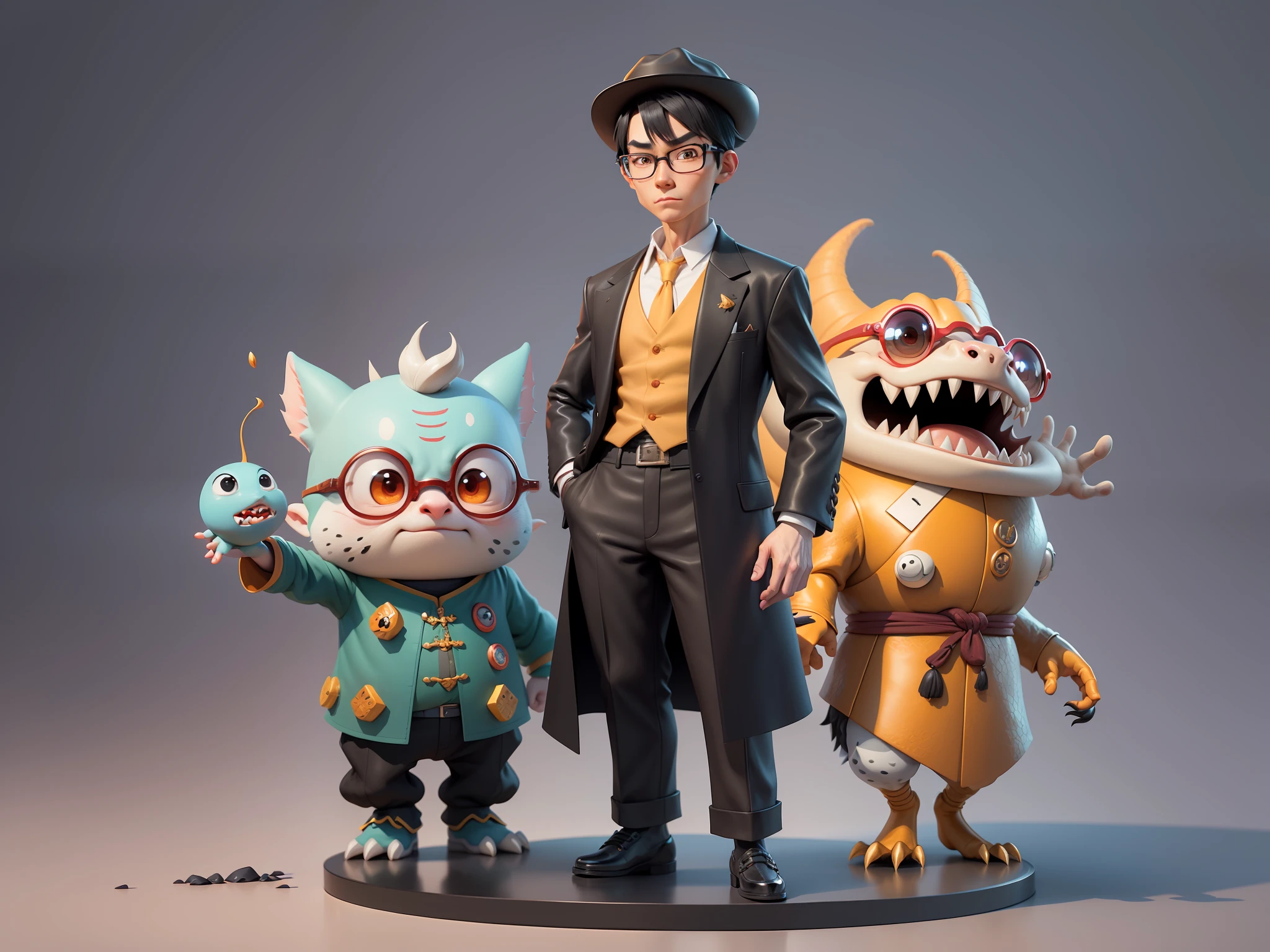 Young man with oriental face in leather hat, dragon, formal suit, short black hair, silver glasses, digital painting, 3D character design by Mark Clairedon and Pixar and Hayao Miyazaki and Akira Toriyama, the illustration is a high-definition illustration in 4K resolution with very detailed facial features and cartoon-style visuals.